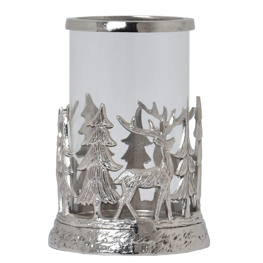 Silver stag hurricane lantern with frosted glass, intricate woodland metalwork in elegant silver finish by Sostter at brixbailey.com