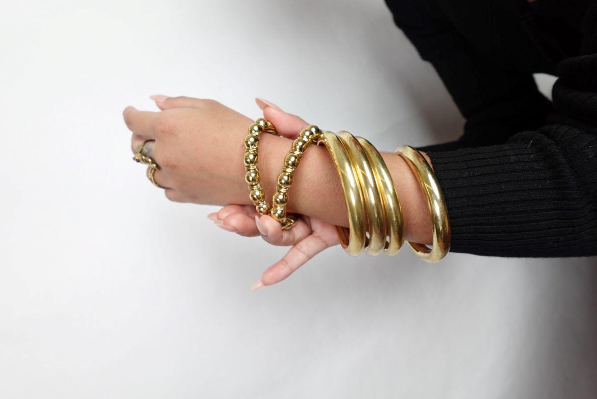 Beaded Orb Adjustable Brass/Sliver Cuff - Textured golden cuff with polished brass beads, crafted for a modern ethnic feel.