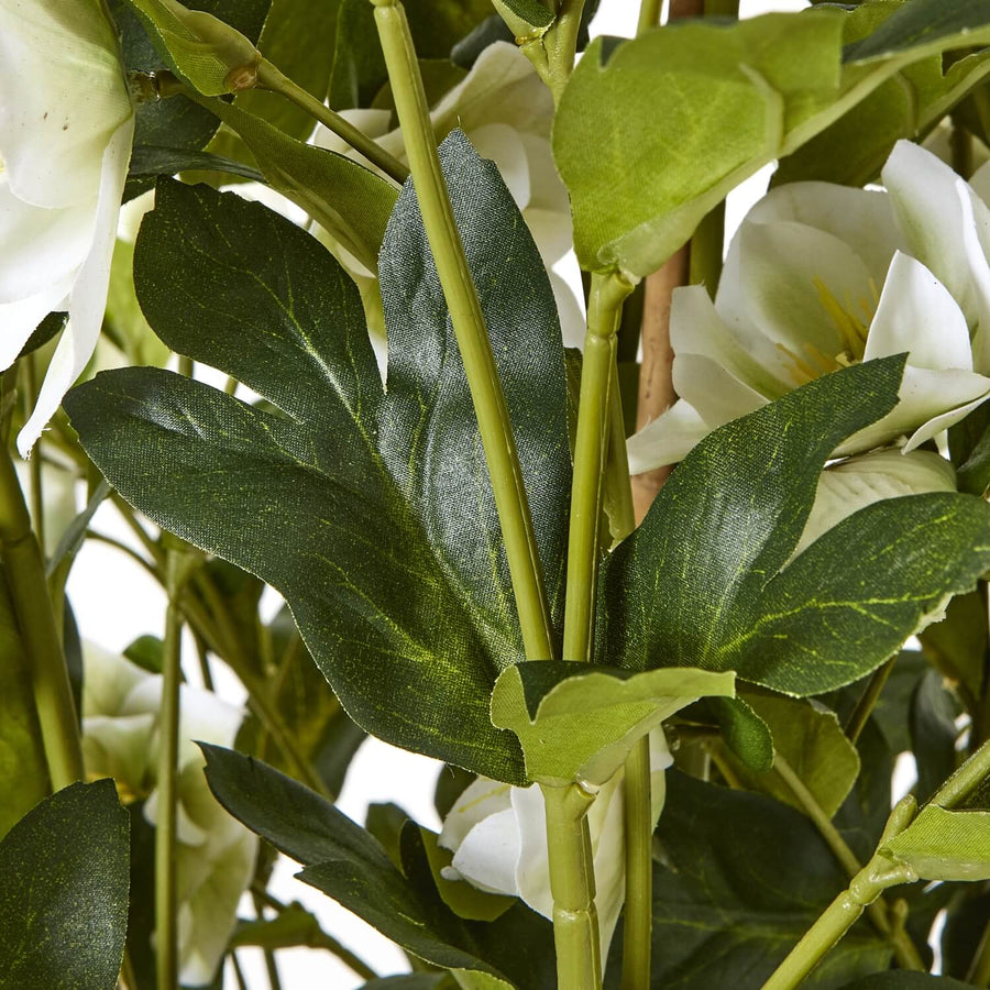 White faux hellebore floral arrangement in grey planter, lifelike blooms with green stems, home decor centerpiece by Sostter at brixbailey.com