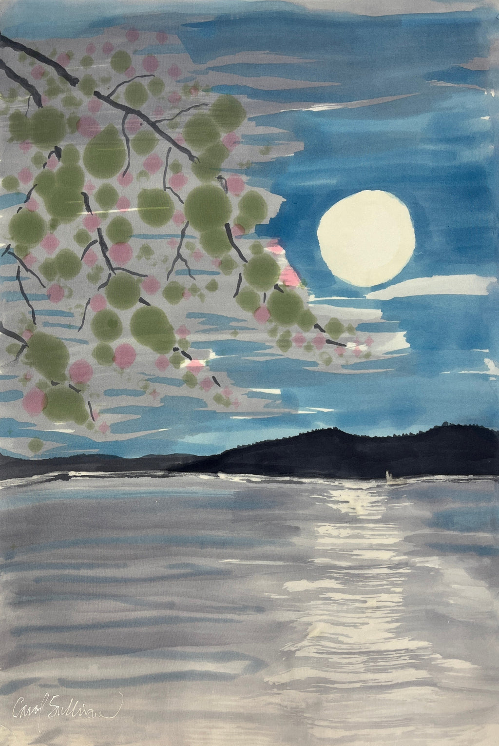 "Cherry Blossom Moon” - Hand-dyed Silk Wall Hanging  - $255