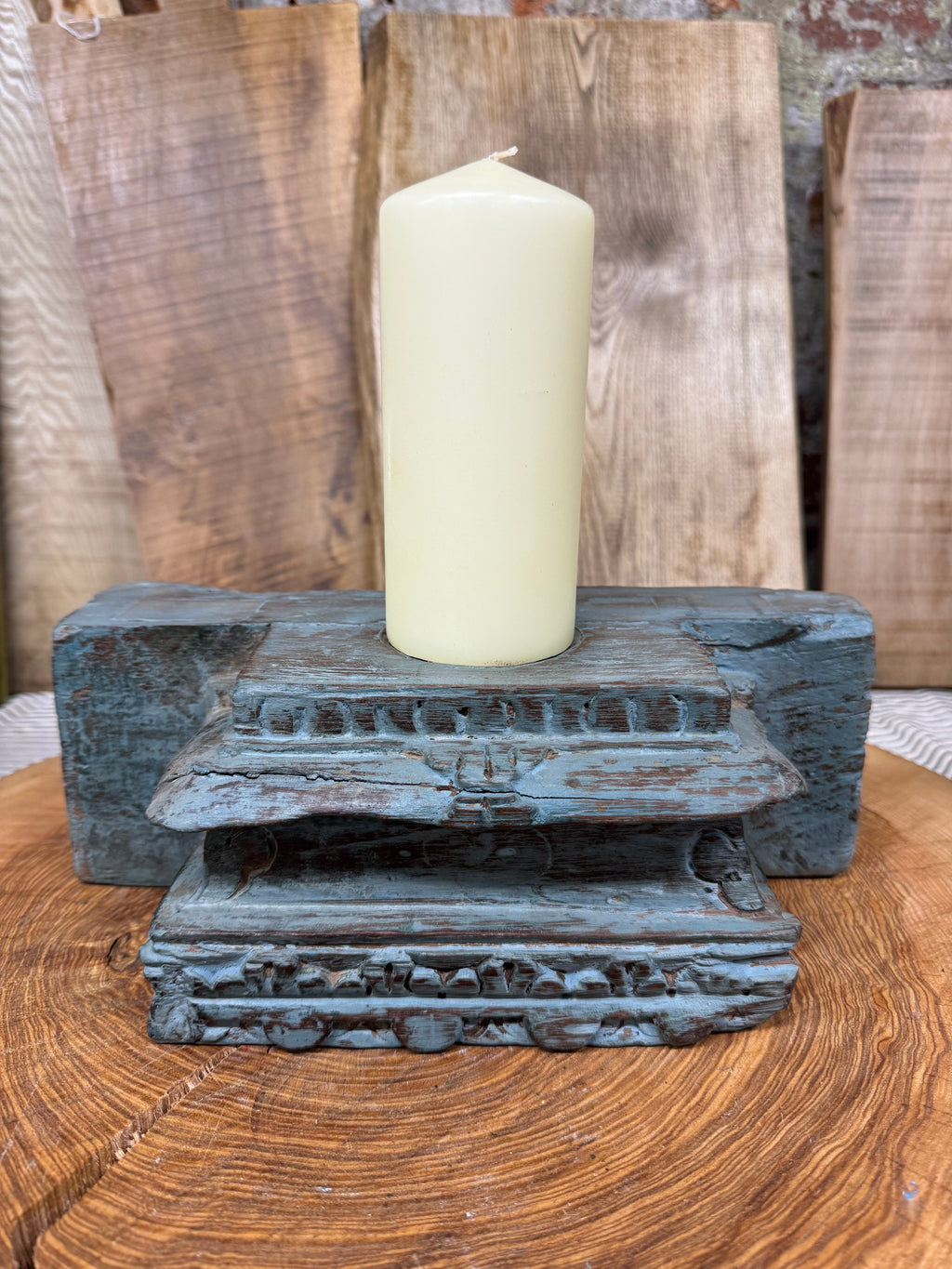 Rustic Church Candle Holder / Indian Pillar Base / Farmhouse Decor Dark Blue