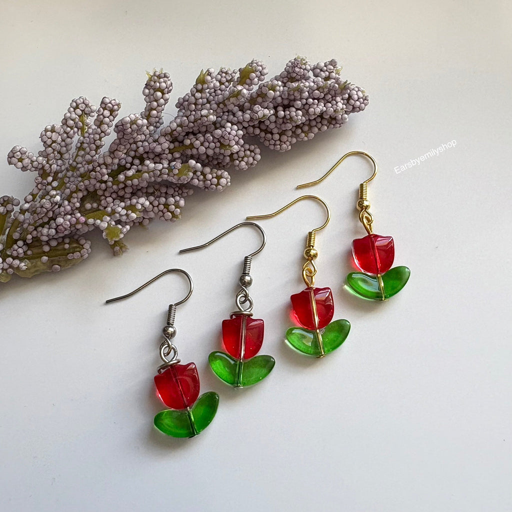 Cool silver or gold tulip flower dangle drop earrings