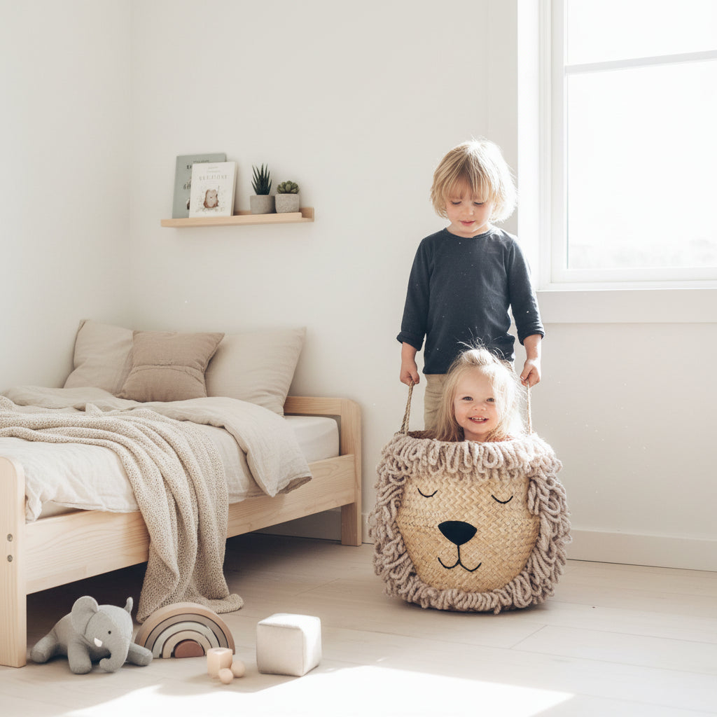 Child holding a lion-shaped woven basket with a plain background on Sostter