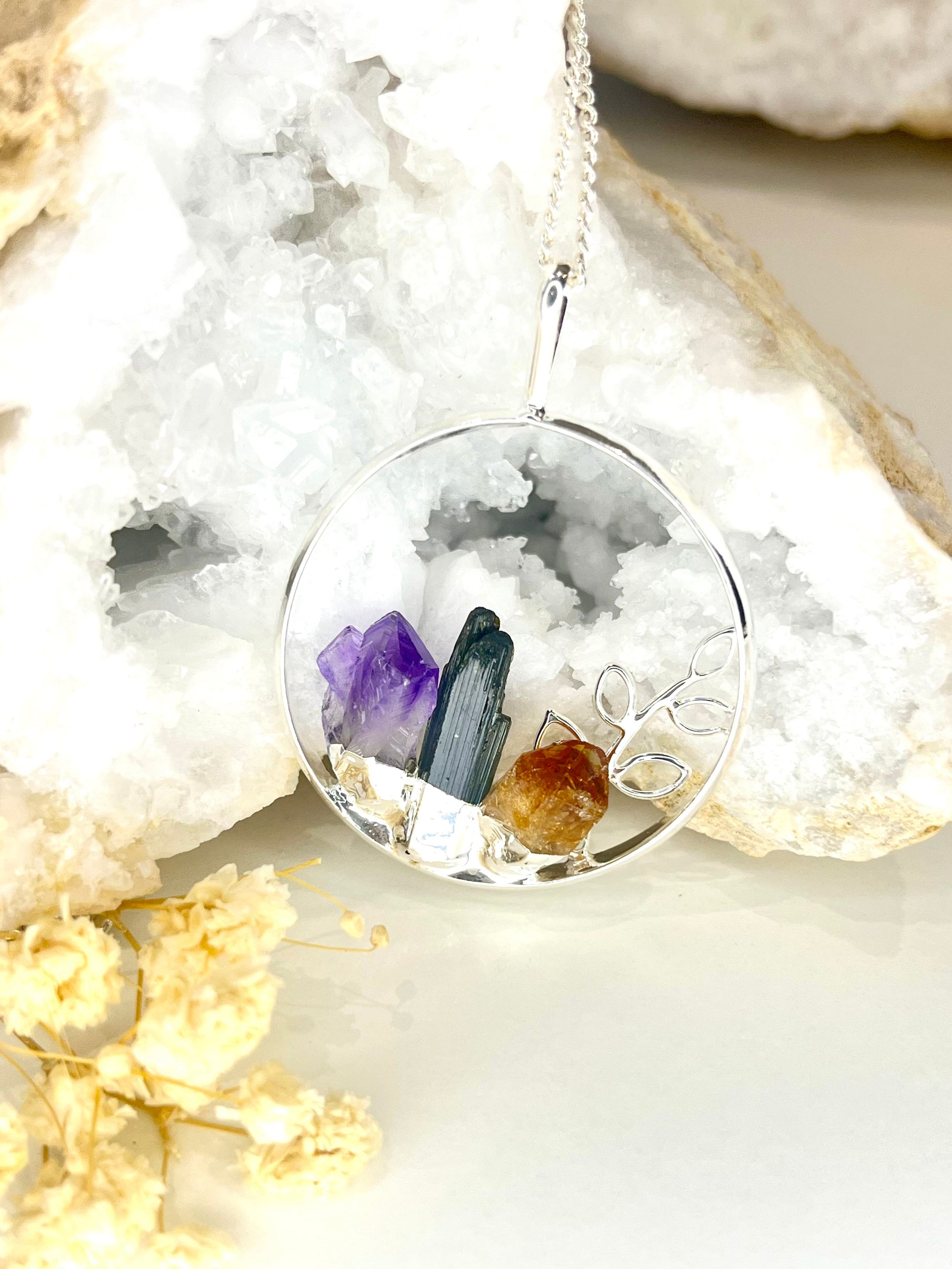 Crystal Garden Pendant Necklace with Amethyst, Black Tourmaline and Citrine