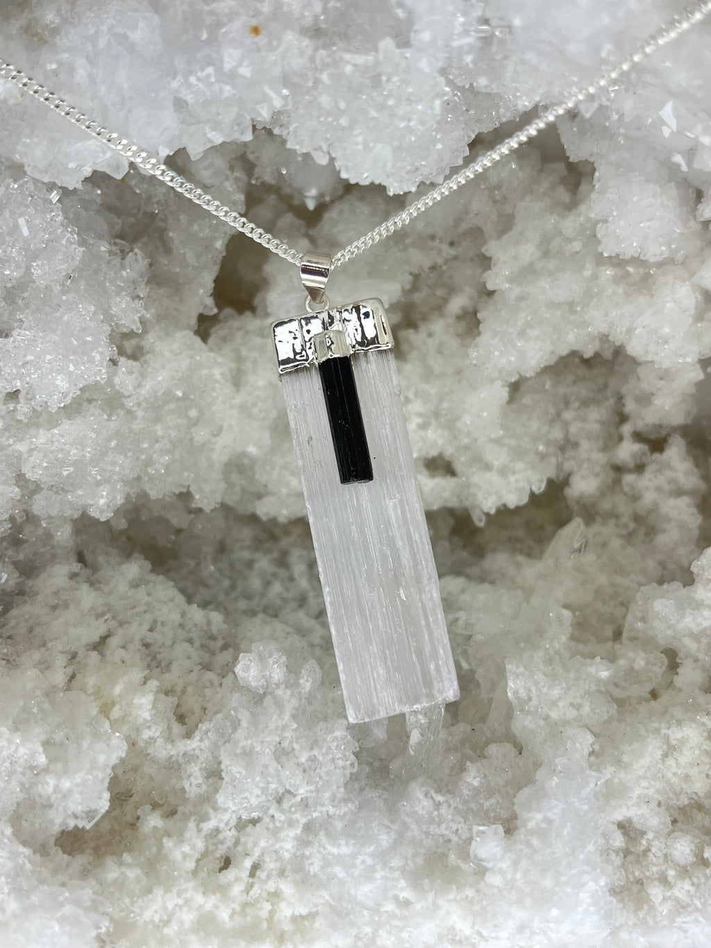 Selenite and Tourmaline Protection Wand Necklace 20 inch Silver Plated