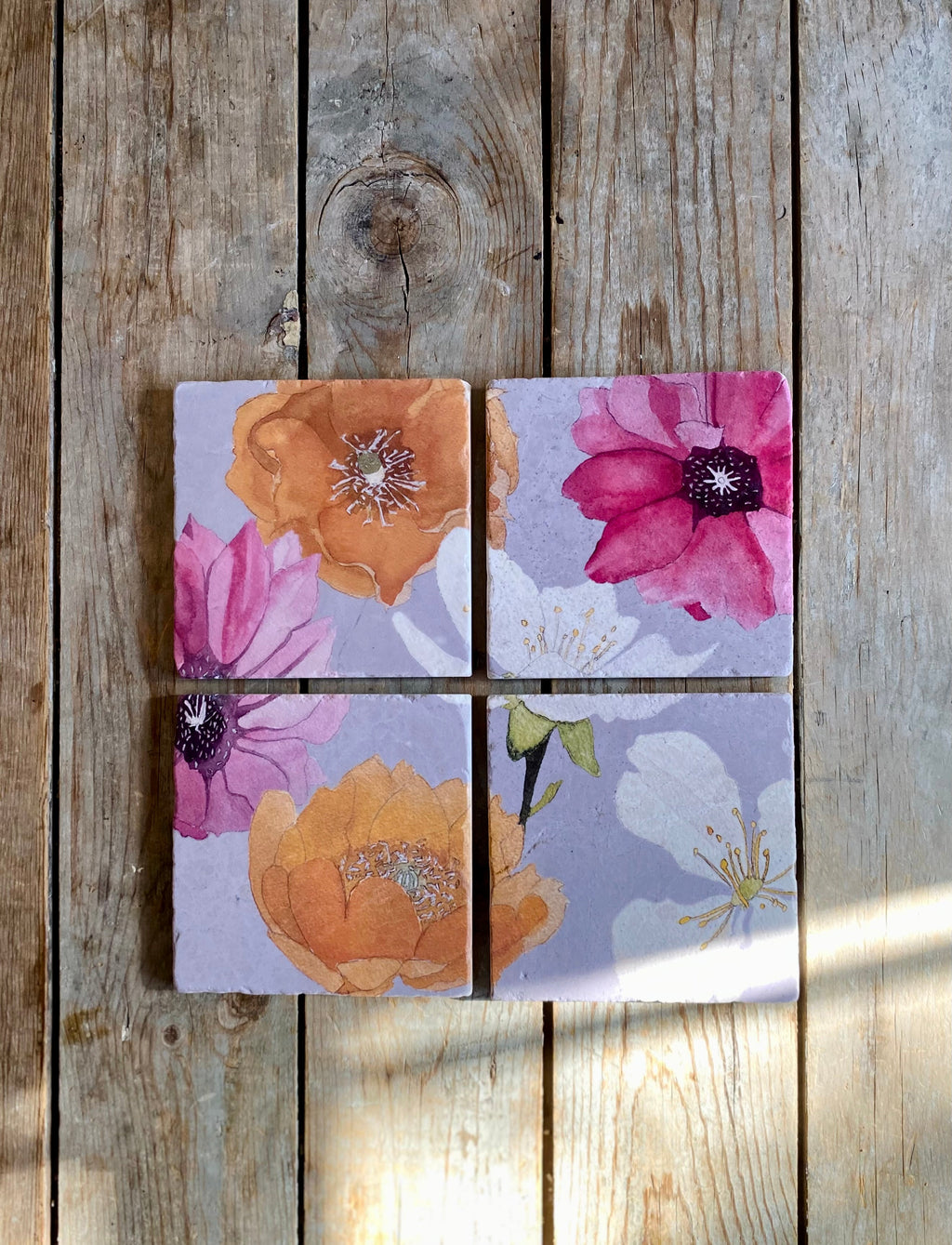 Cactus Flowers Grey Marble Coaster Set of Four