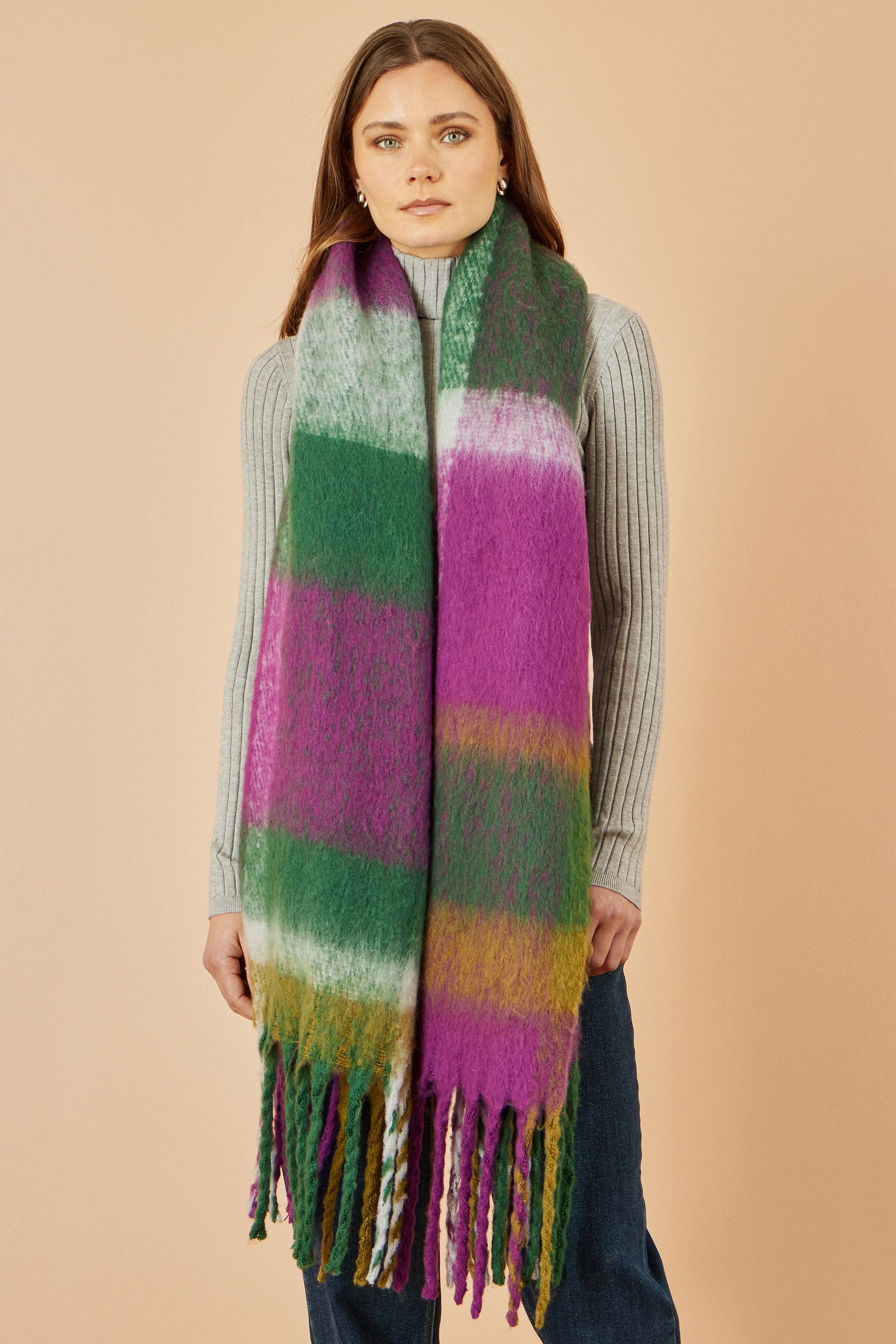 Yumi Green And Purple Check Soft Scarf