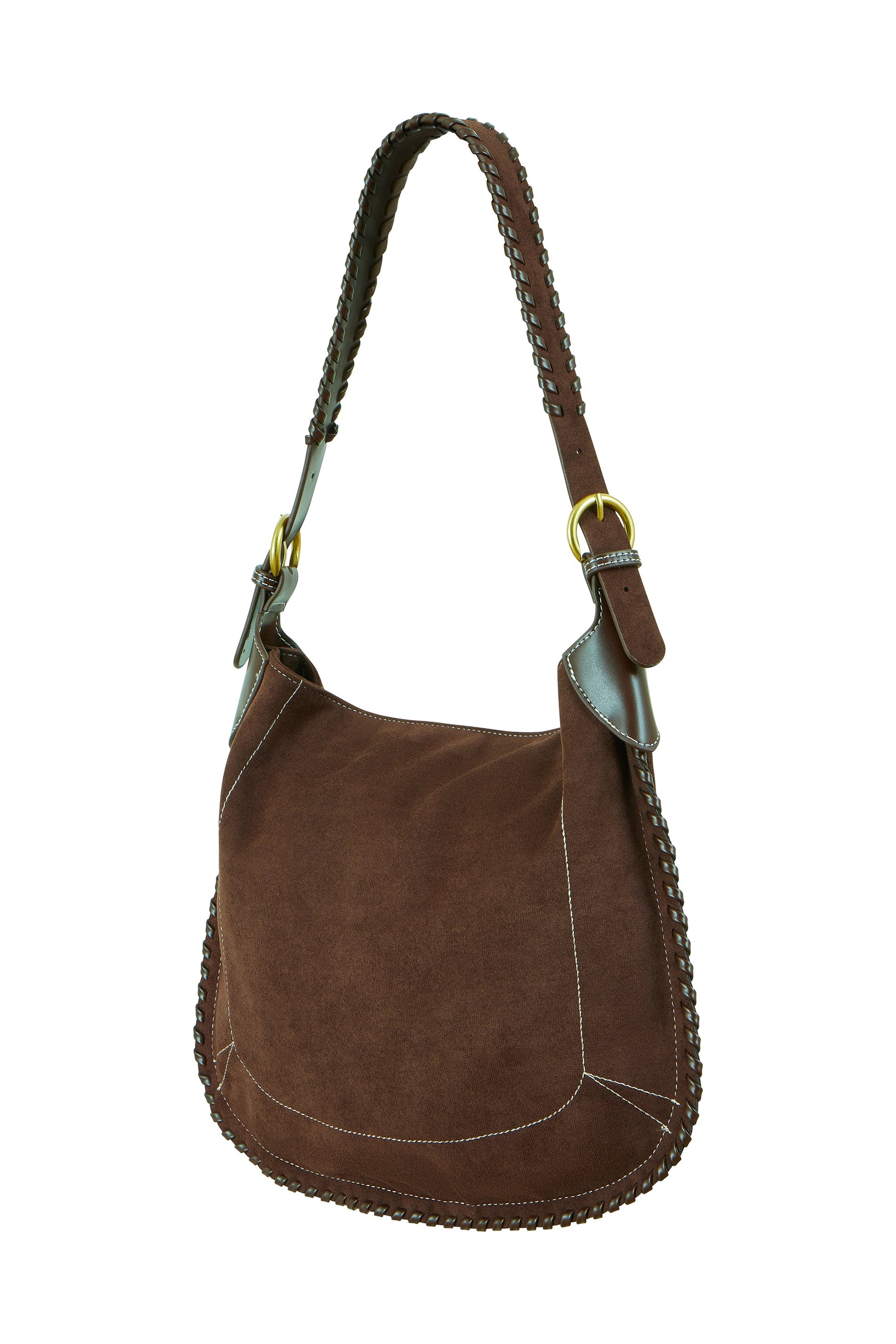 Yumi Brown Faux Suede Stitching Detail Bag
