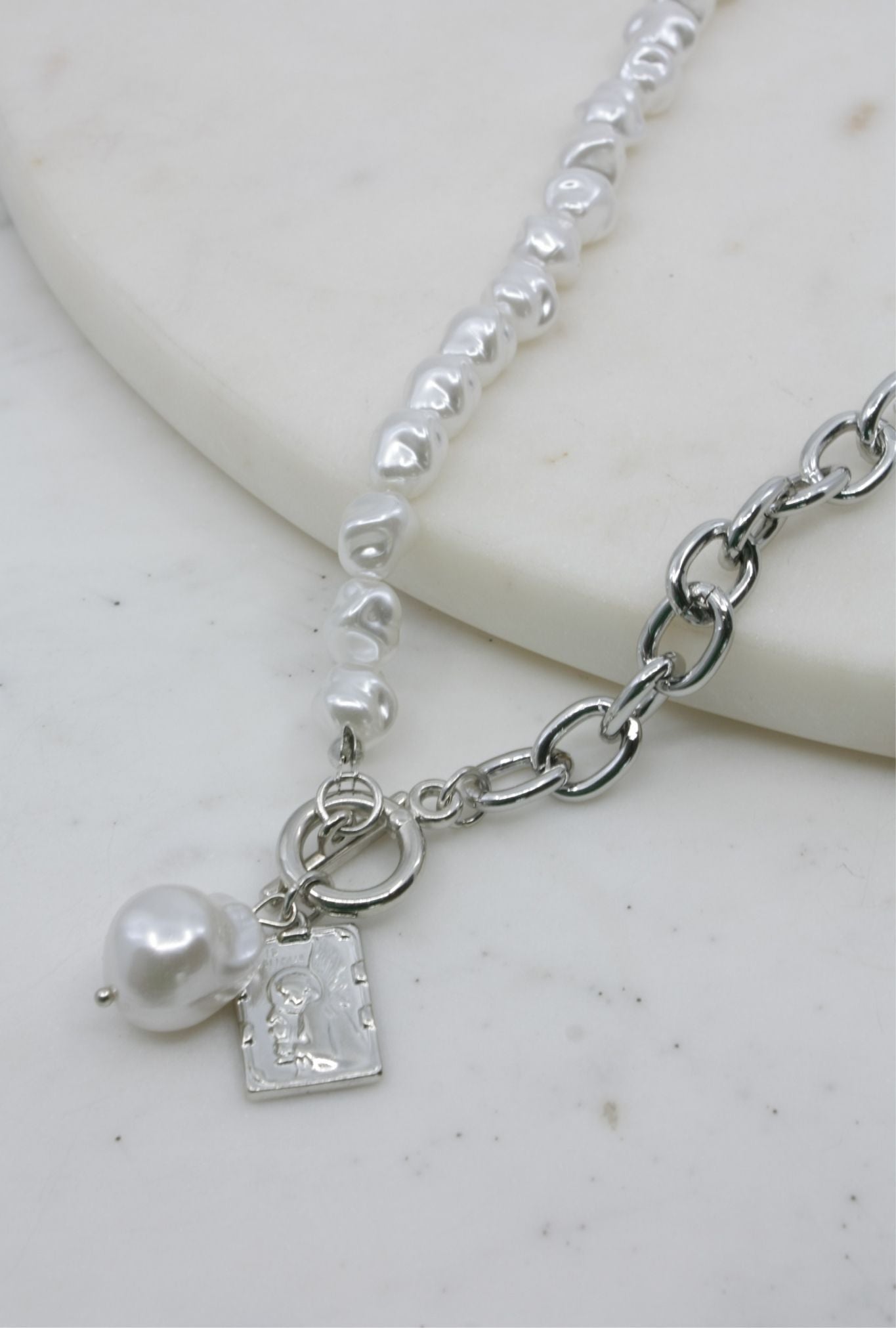 Silver Pearl and Chain Lariat Necklace with Coin Accent