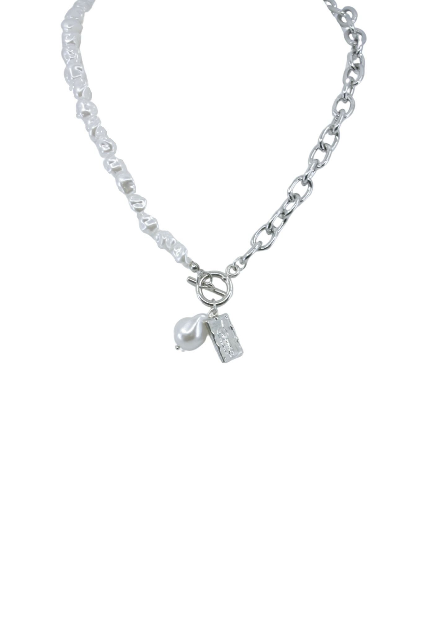 Silver Pearl and Chain Lariat Necklace with Coin Accent