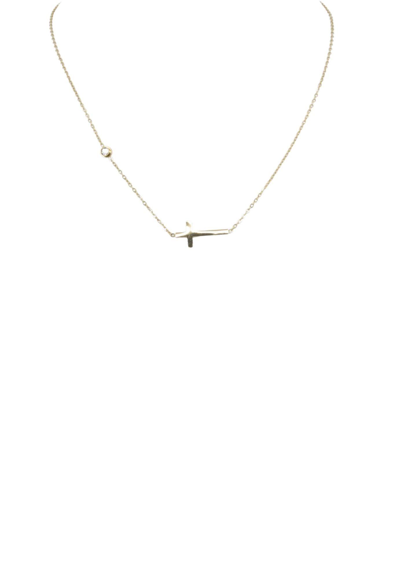 Crystal and Cross Simple Chain Necklace in Gold