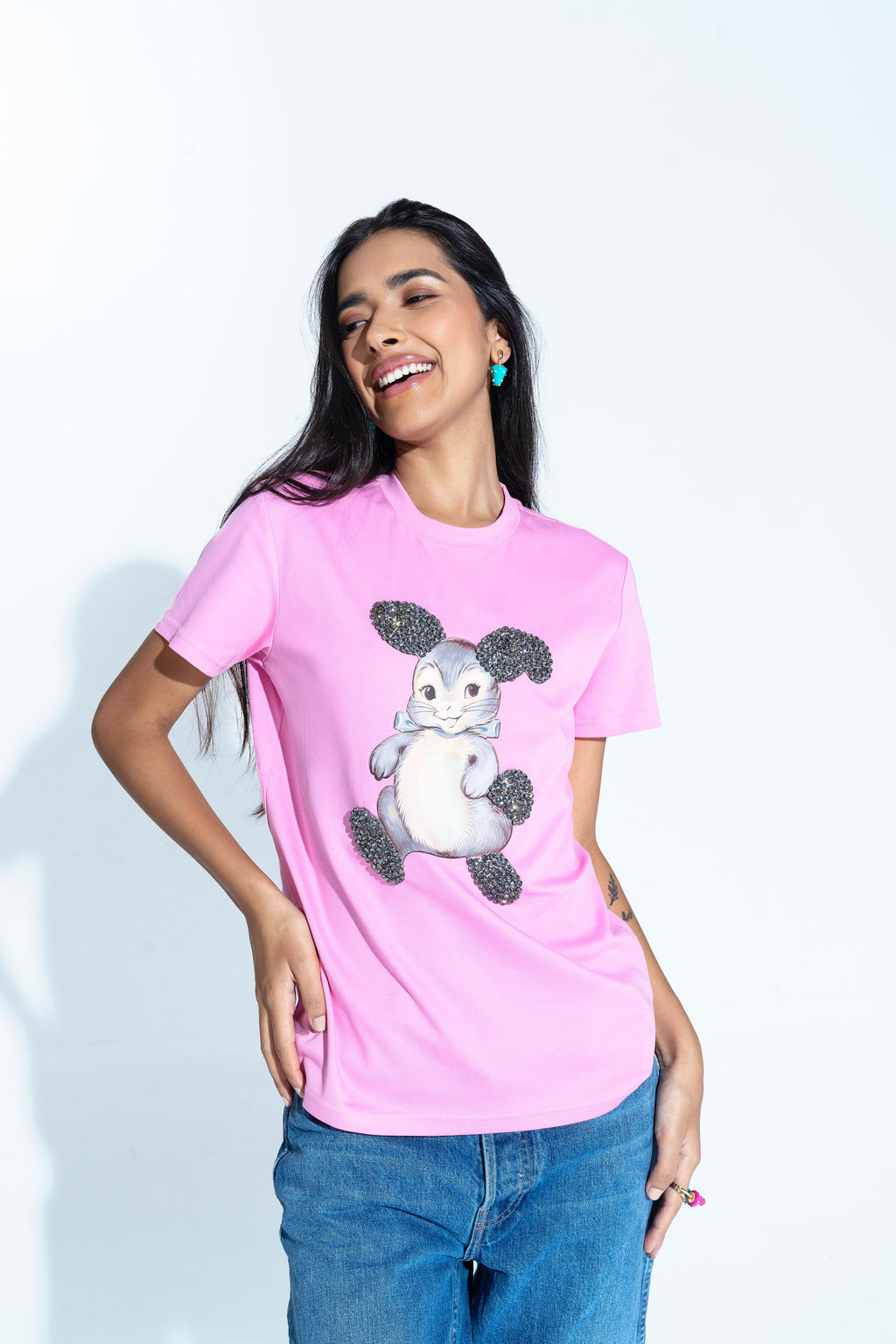 Bunny Graphic Embroidered Cotton T-Shirt Gray Large