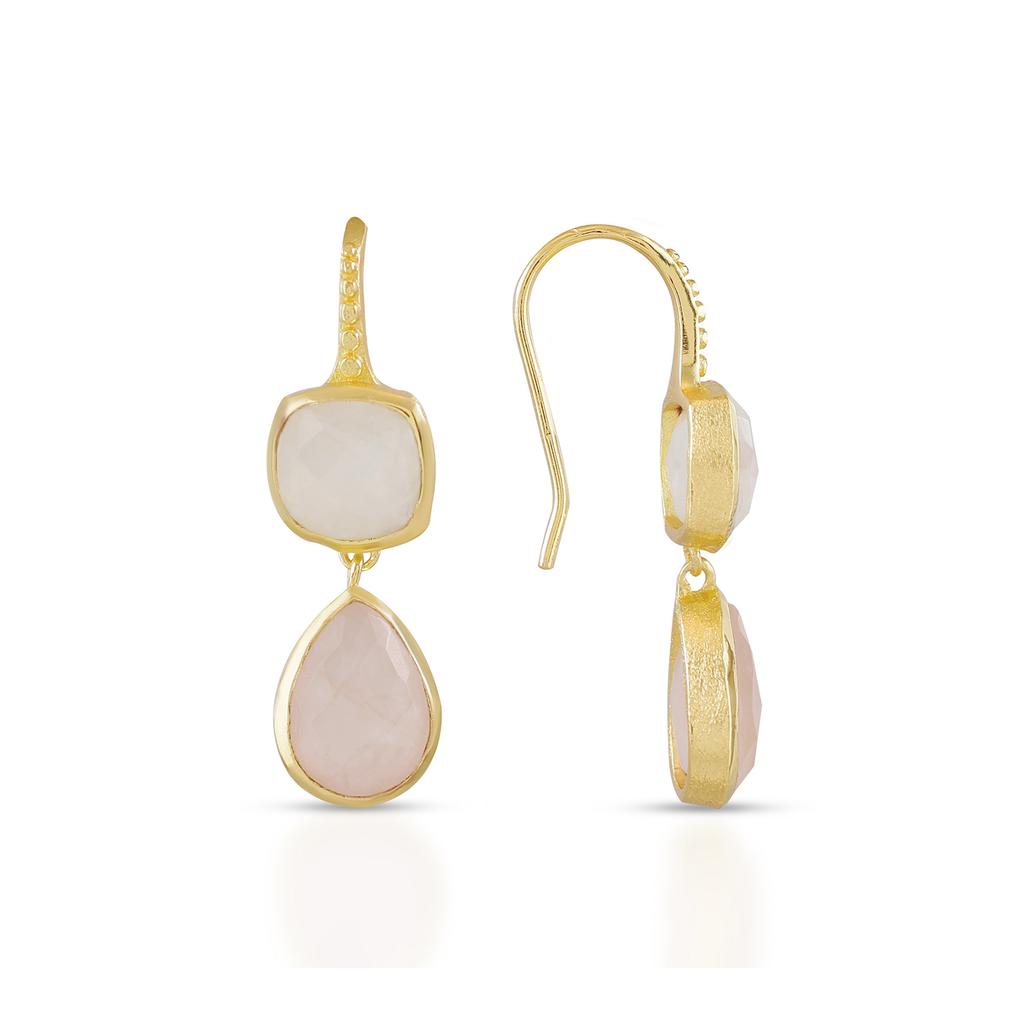 Charis Double Gemstone Earrings Moonstone & Rose Quartz