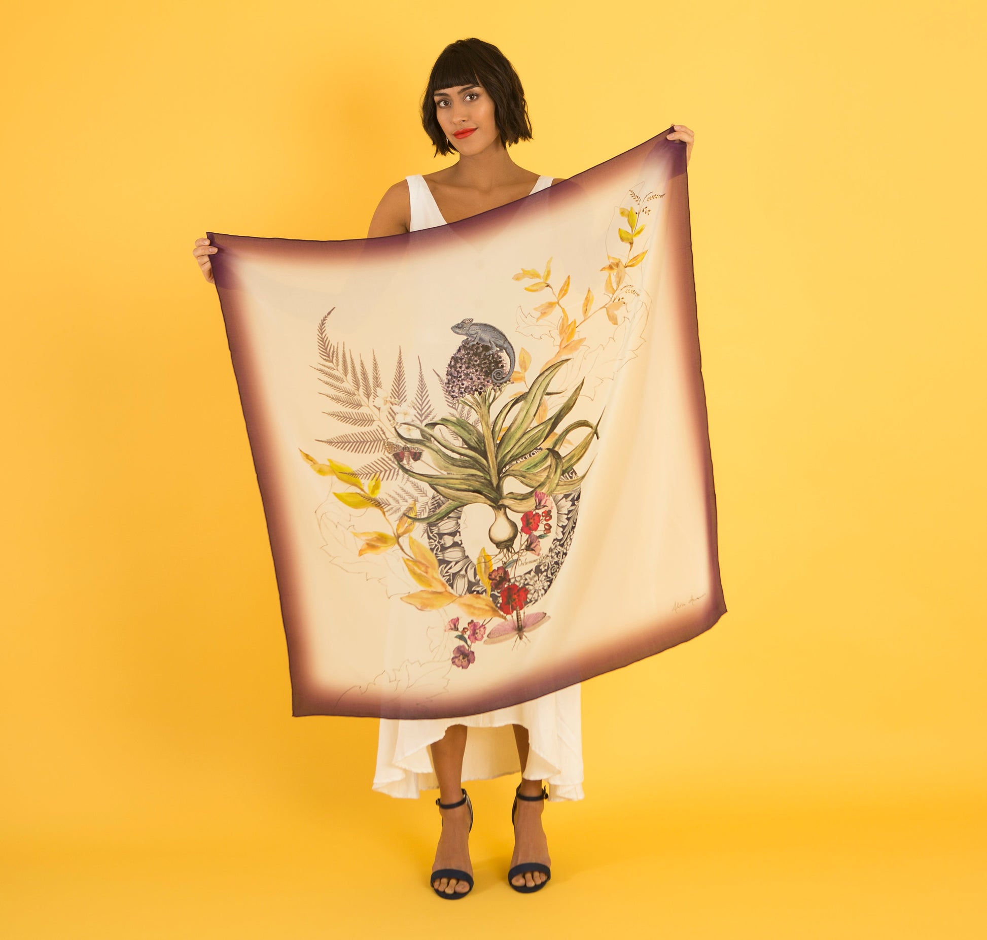 Purple and Cream Akkadian Silk Square Scarf