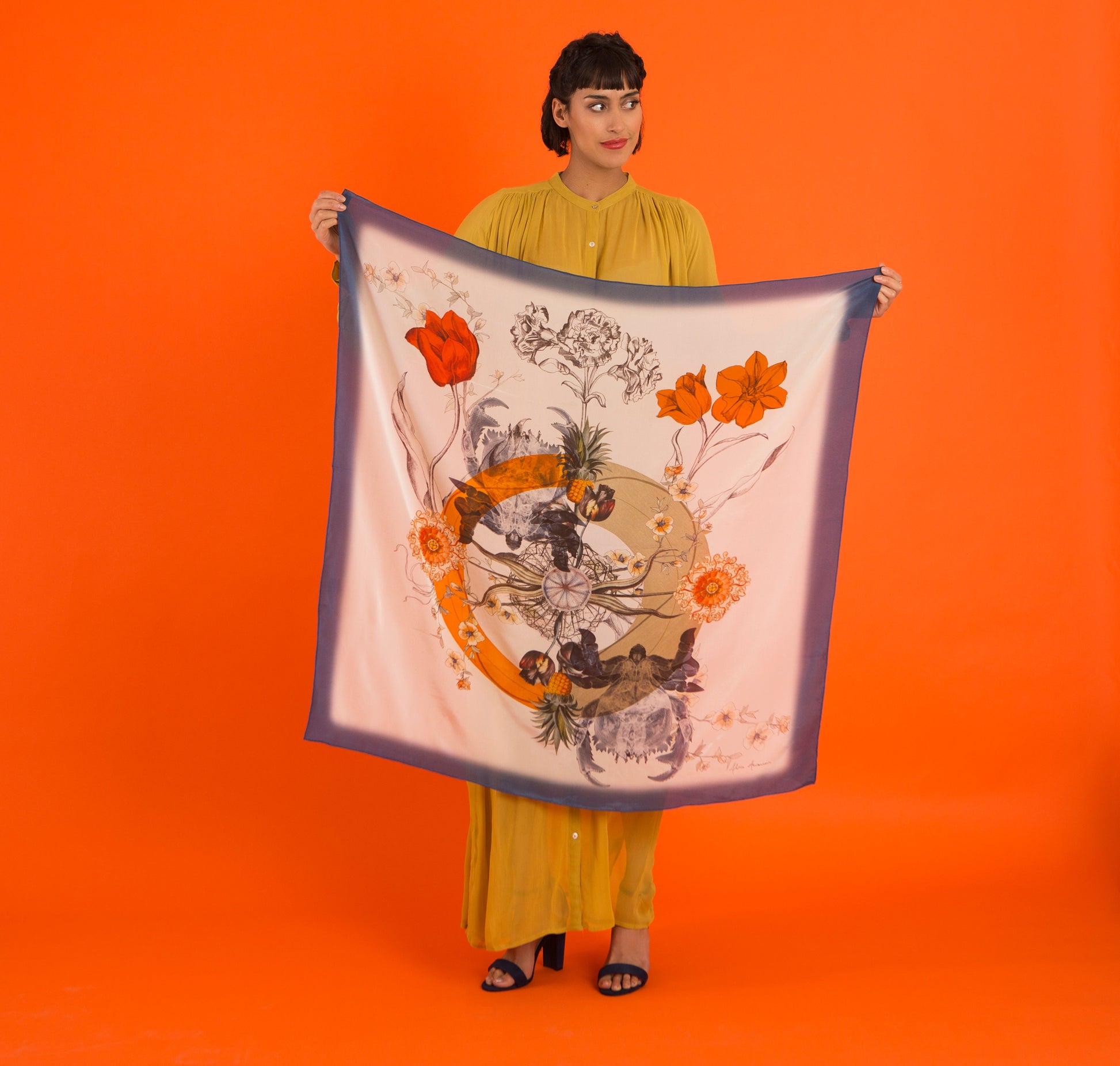 Blue Crustacean Silk Large Square Scarf with Crab and Tulip Design