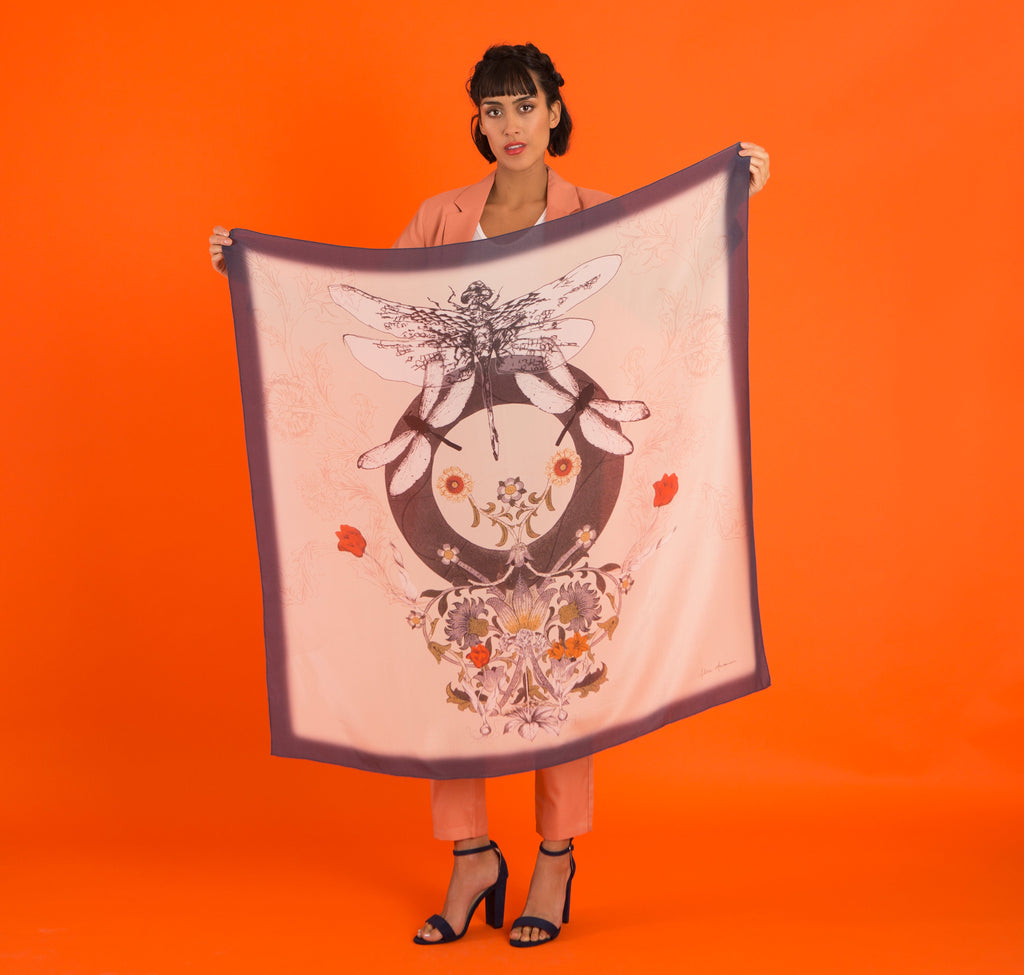 Navy Blue and Cream Dragonfly Silk Square Scarf