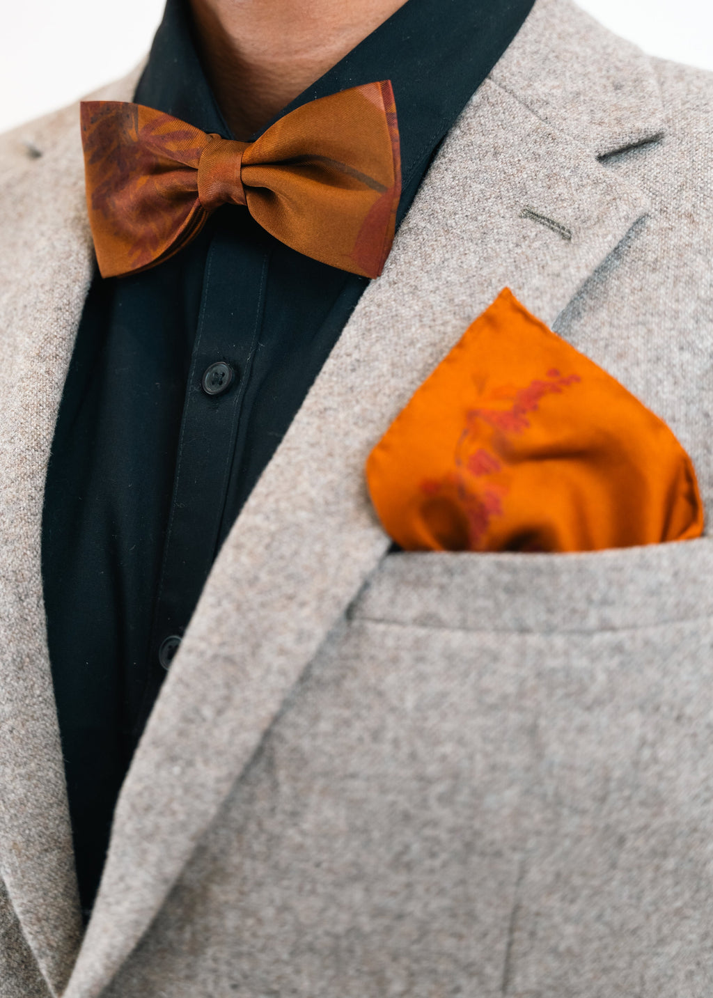 Rust Floral Silk Pocket Square and Bow Tie in Ember Robin Print