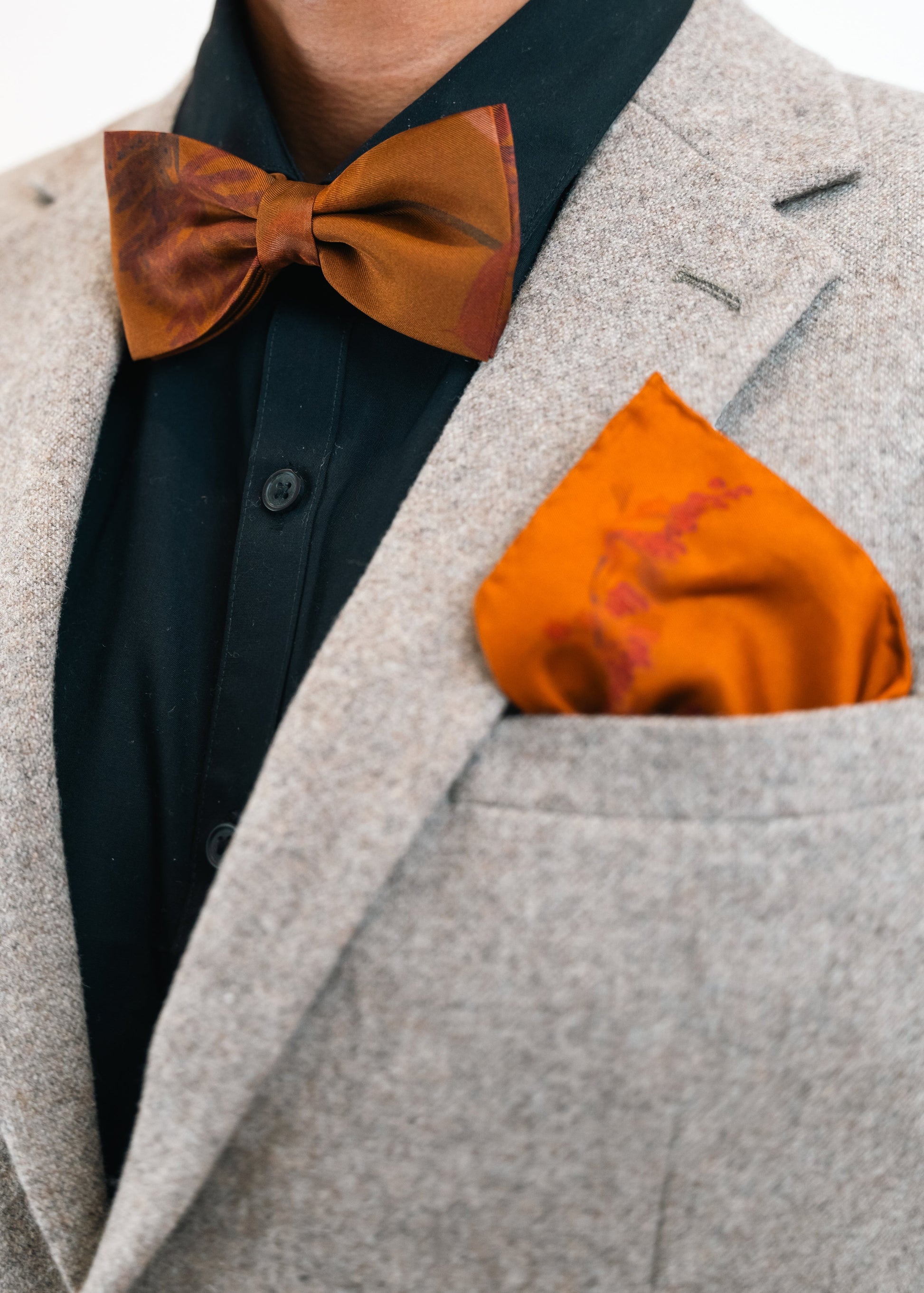 Rust Floral Silk Pocket Square and Bow Tie in Ember Robin Print