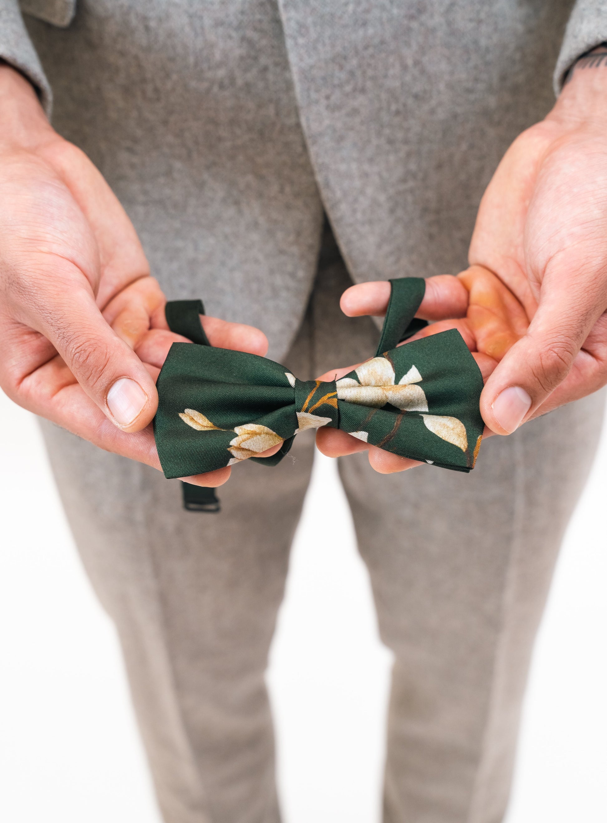 Green Silk Pocket Square and Bow Tie Forest Moth Print