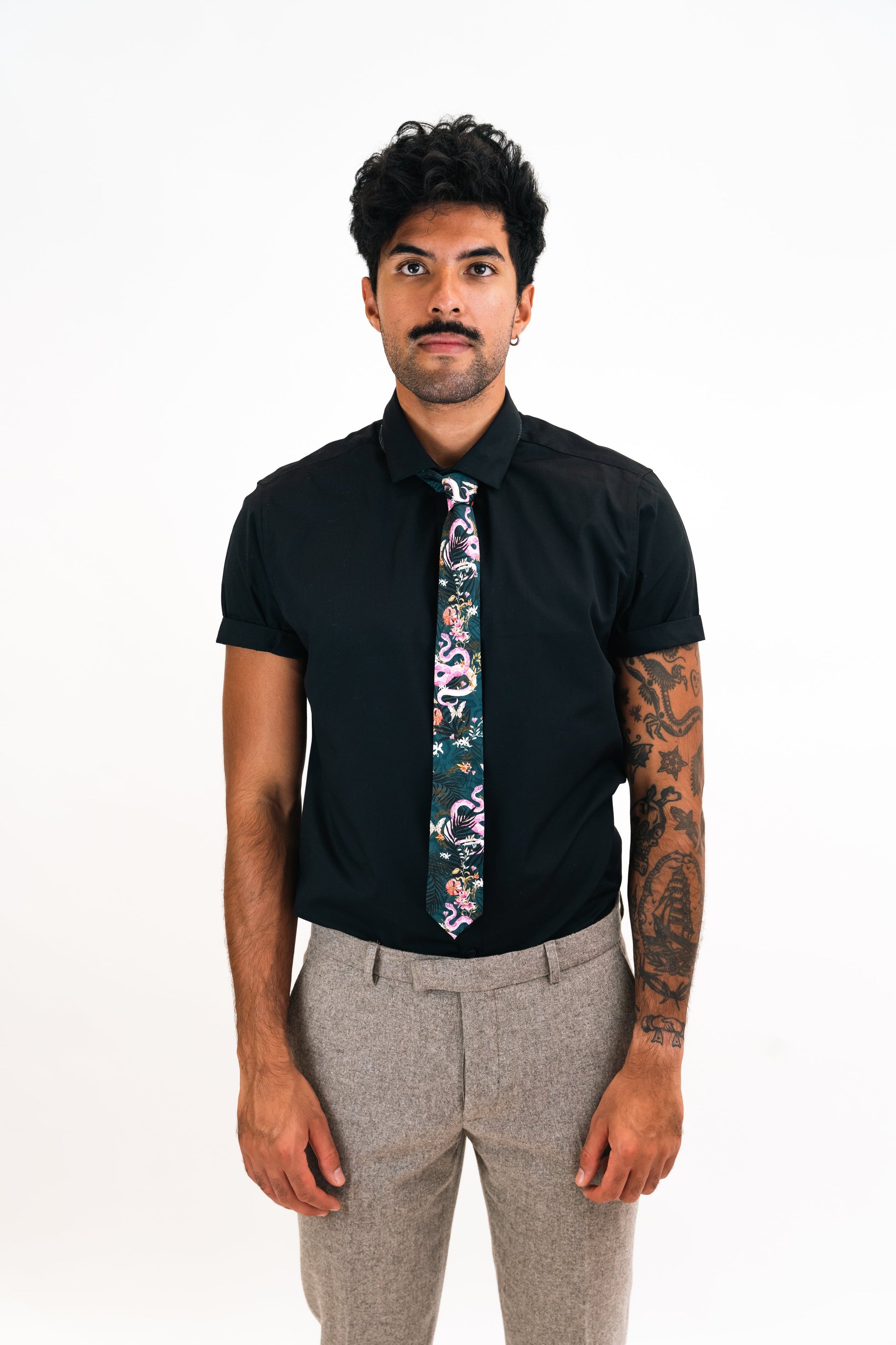 Navy Blue Silk Tie with Pink Serpent and Tropical Flower Design