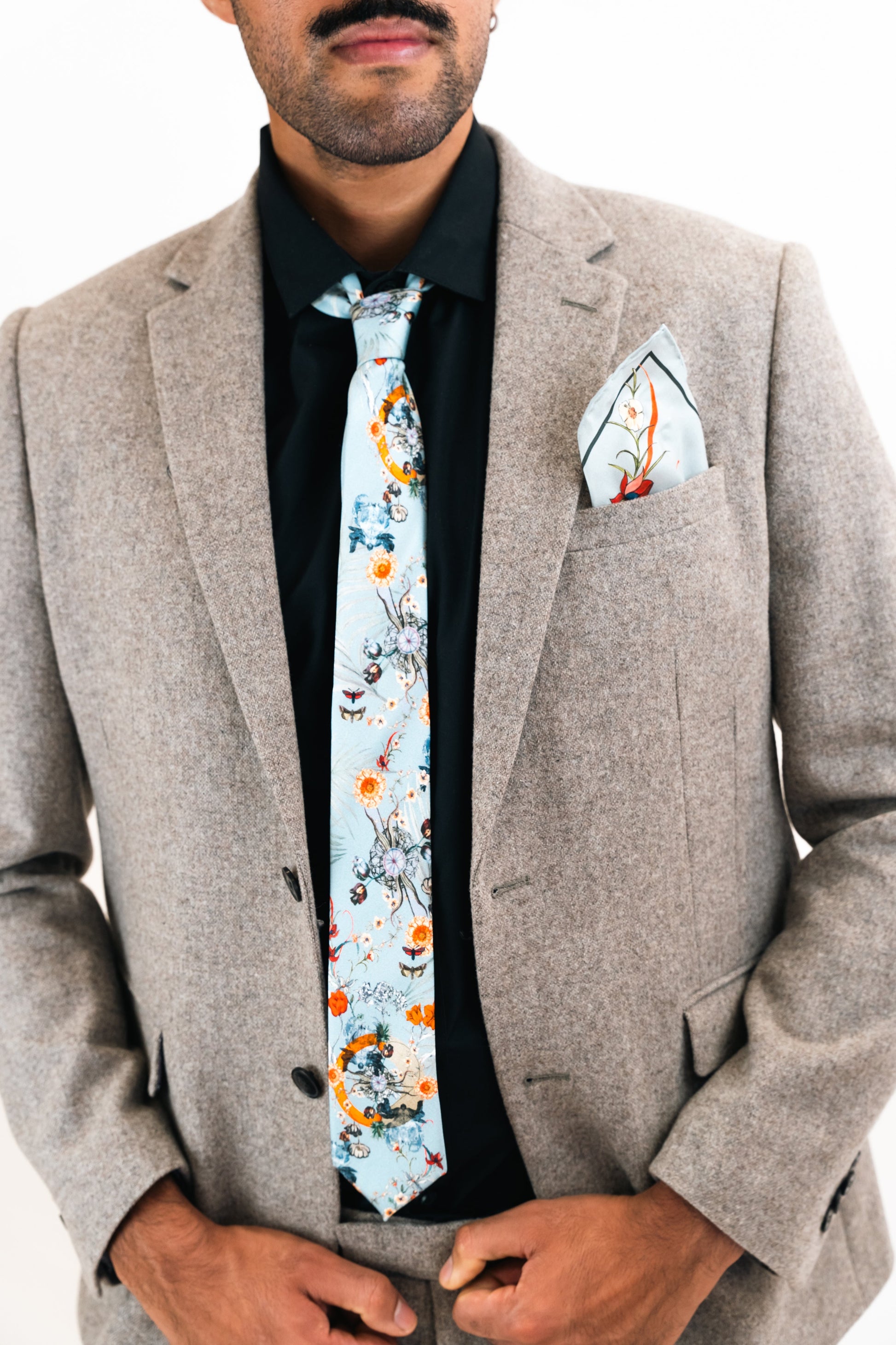 Pale Blue Silk Tie with Hand Illustrated Floral and Botanical Print