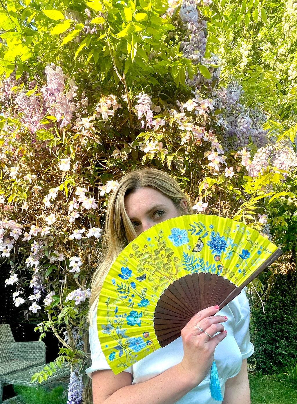 Bright Yellow Silk Folding Hand Fan with Flowers and Mushroom Artwork