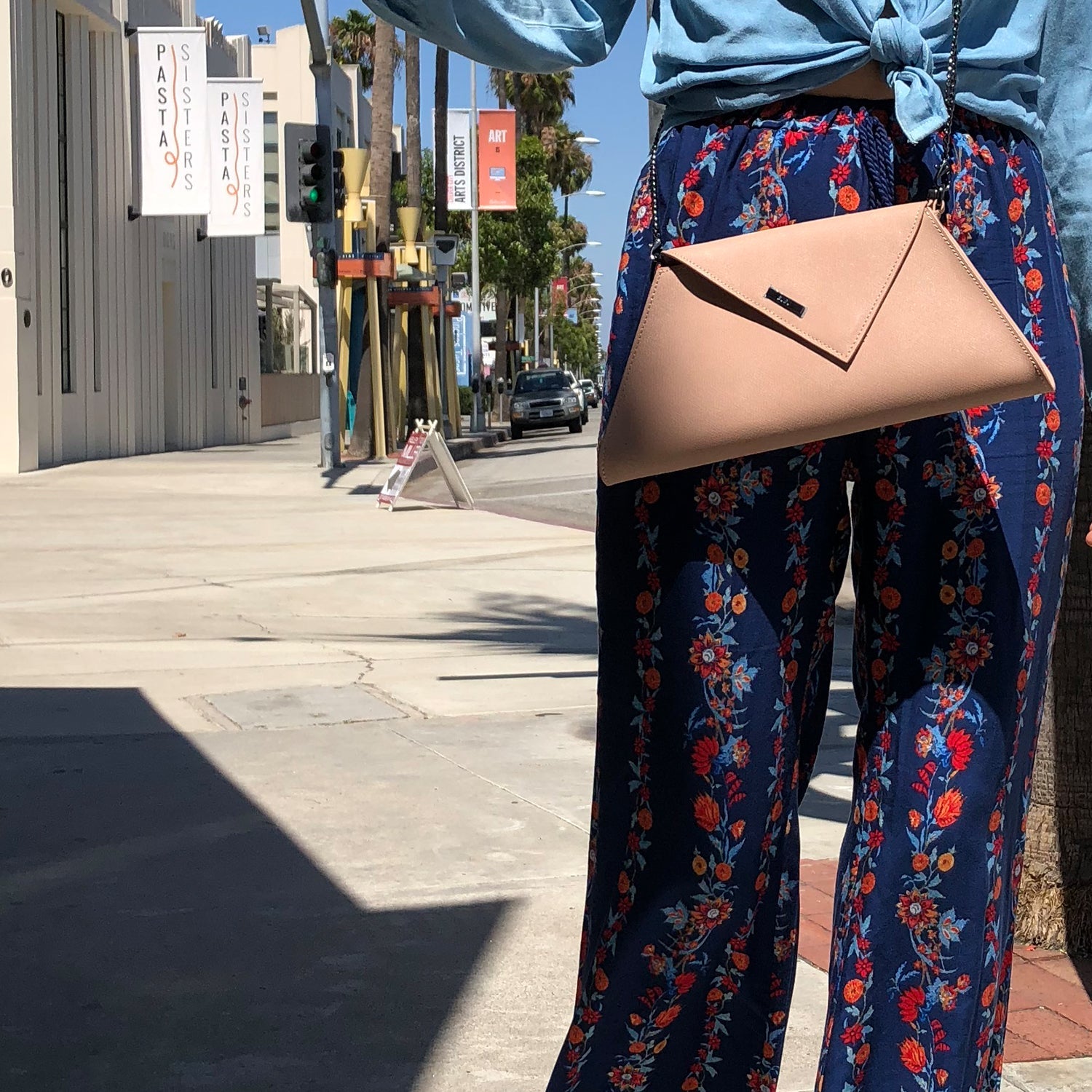 Nude Leather Clutch Bag with Detachable Chain Strap