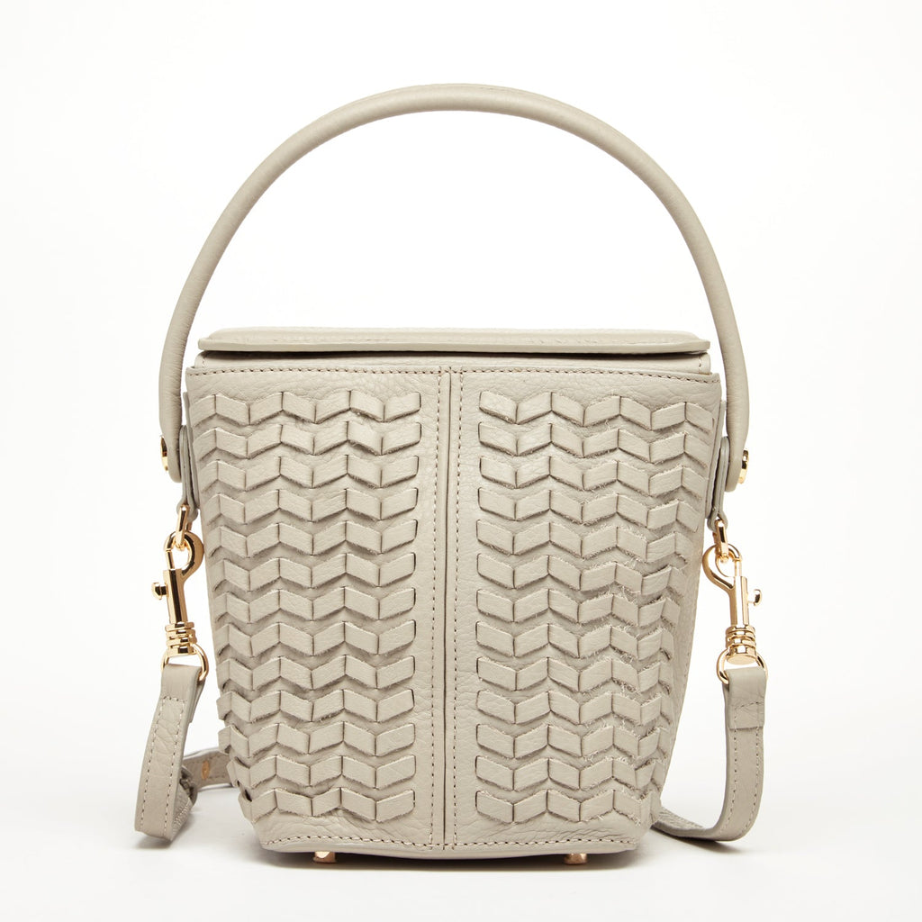 Woven Leather Bucket Bag Quilted Grayish Beige Crossbody Purse