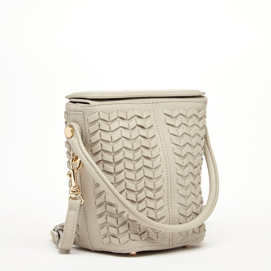 Woven Leather Bucket Bag Quilted Grayish Beige Crossbody Purse