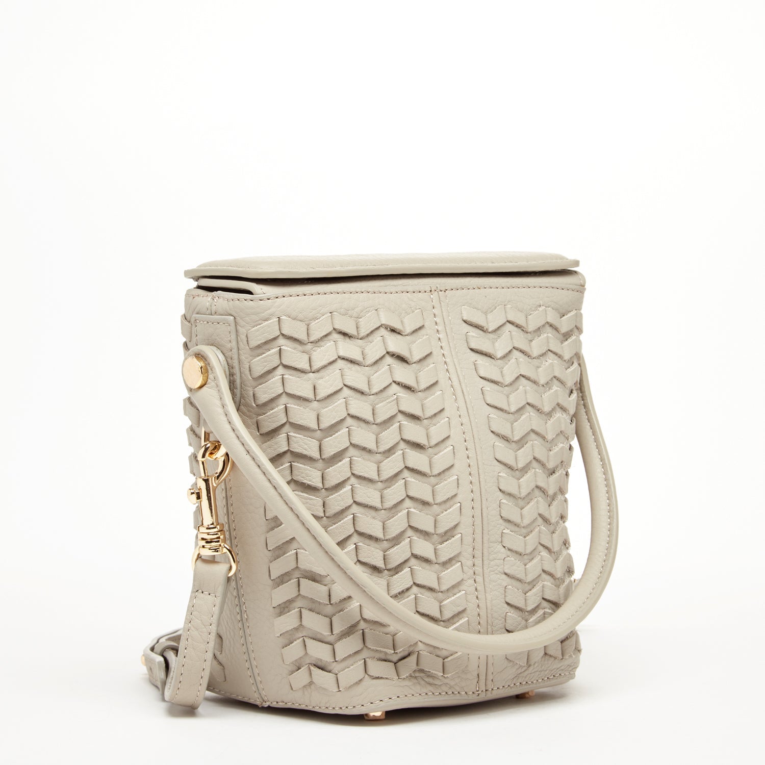 Woven Leather Bucket Bag Quilted Grayish Beige Crossbody Purse