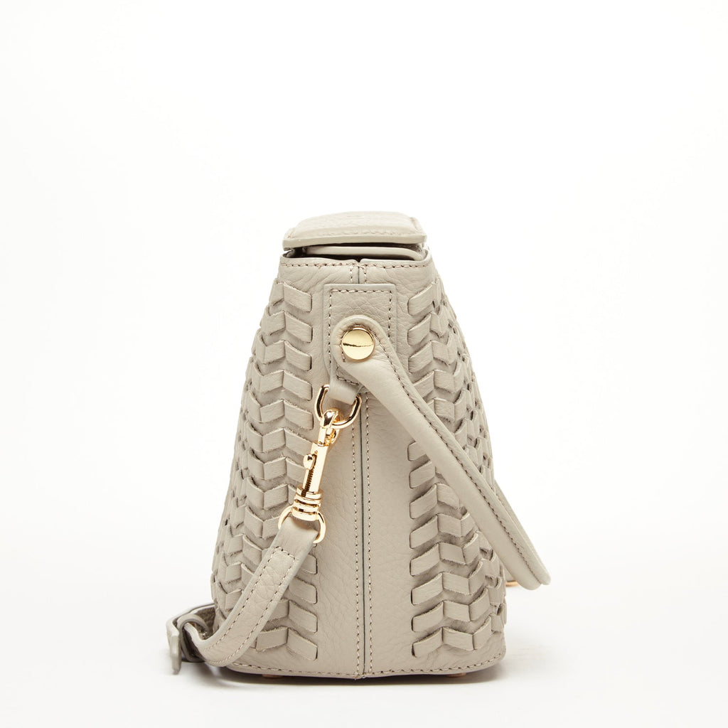 Woven Leather Bucket Bag Quilted Grayish Beige Crossbody Purse