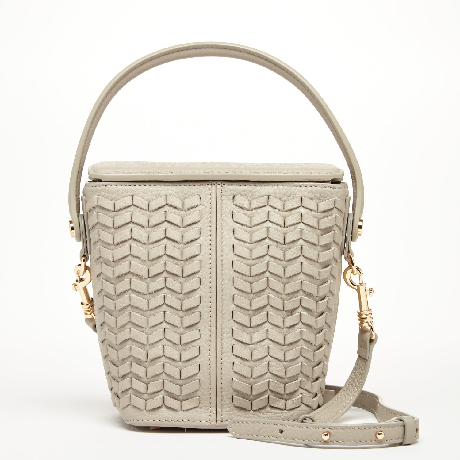 Woven Leather Bucket Bag Quilted Grayish Beige Crossbody Purse
