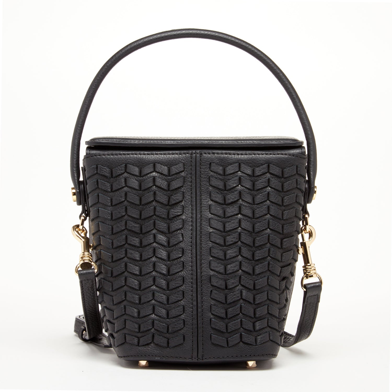 Black Woven Leather Bucket Bag with Crossbody Strap