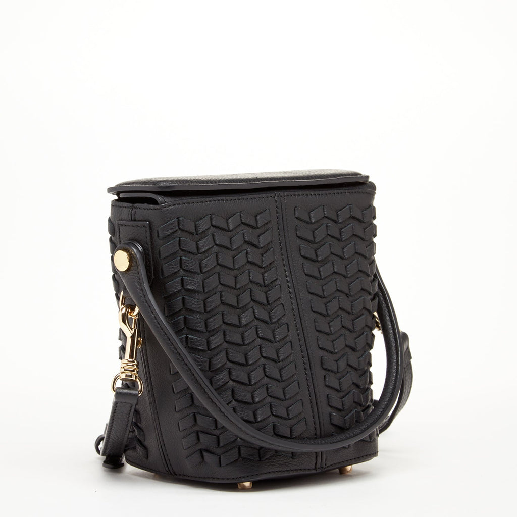 Black Woven Leather Bucket Bag with Crossbody Strap