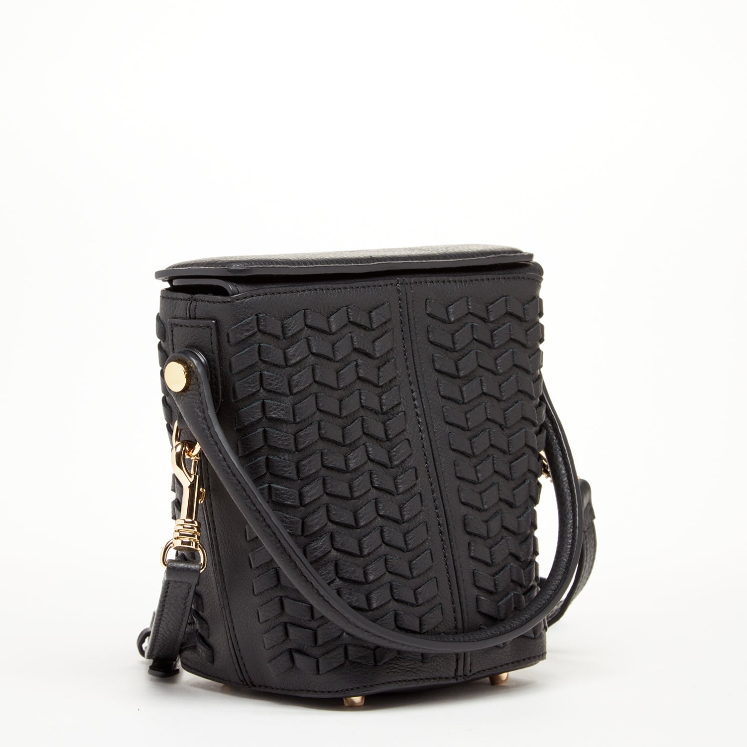 Black Woven Leather Bucket Bag with Crossbody Strap