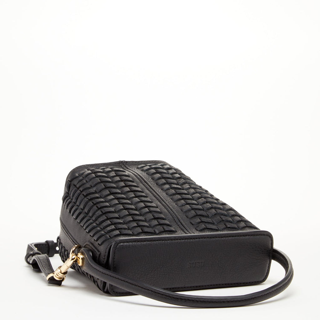 Black Woven Leather Bucket Bag with Crossbody Strap
