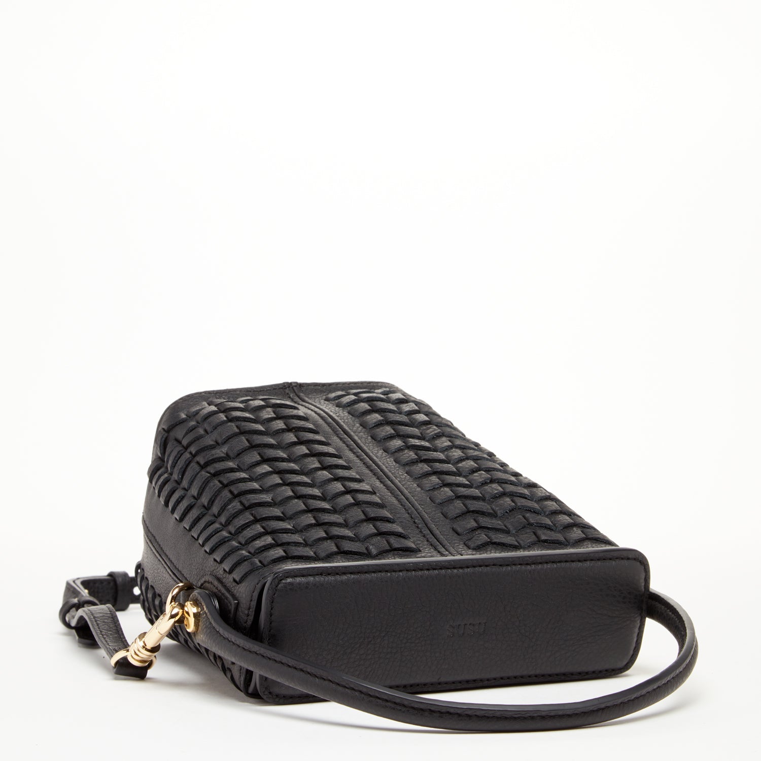 Black Woven Leather Bucket Bag with Crossbody Strap