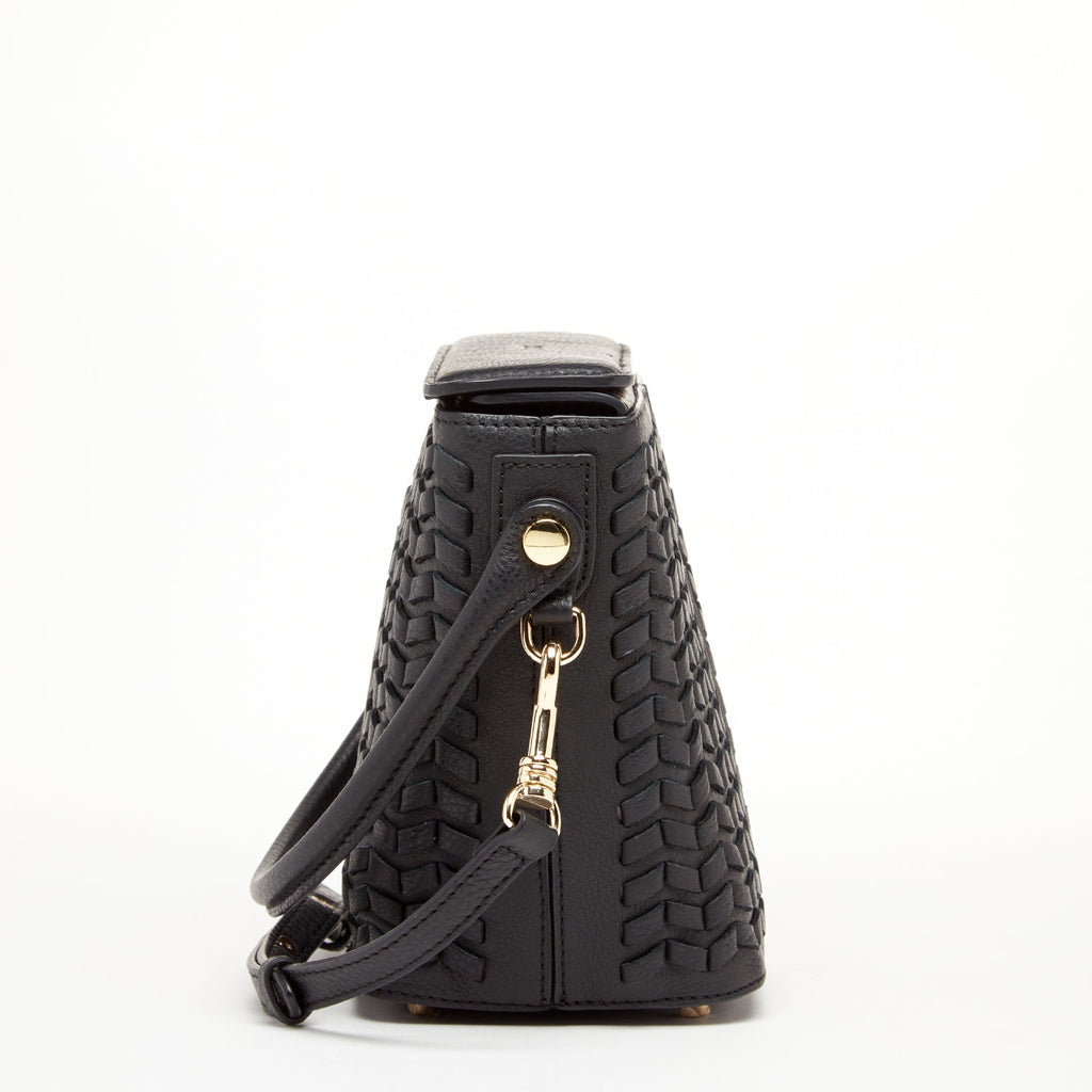 Black Woven Leather Bucket Bag with Crossbody Strap