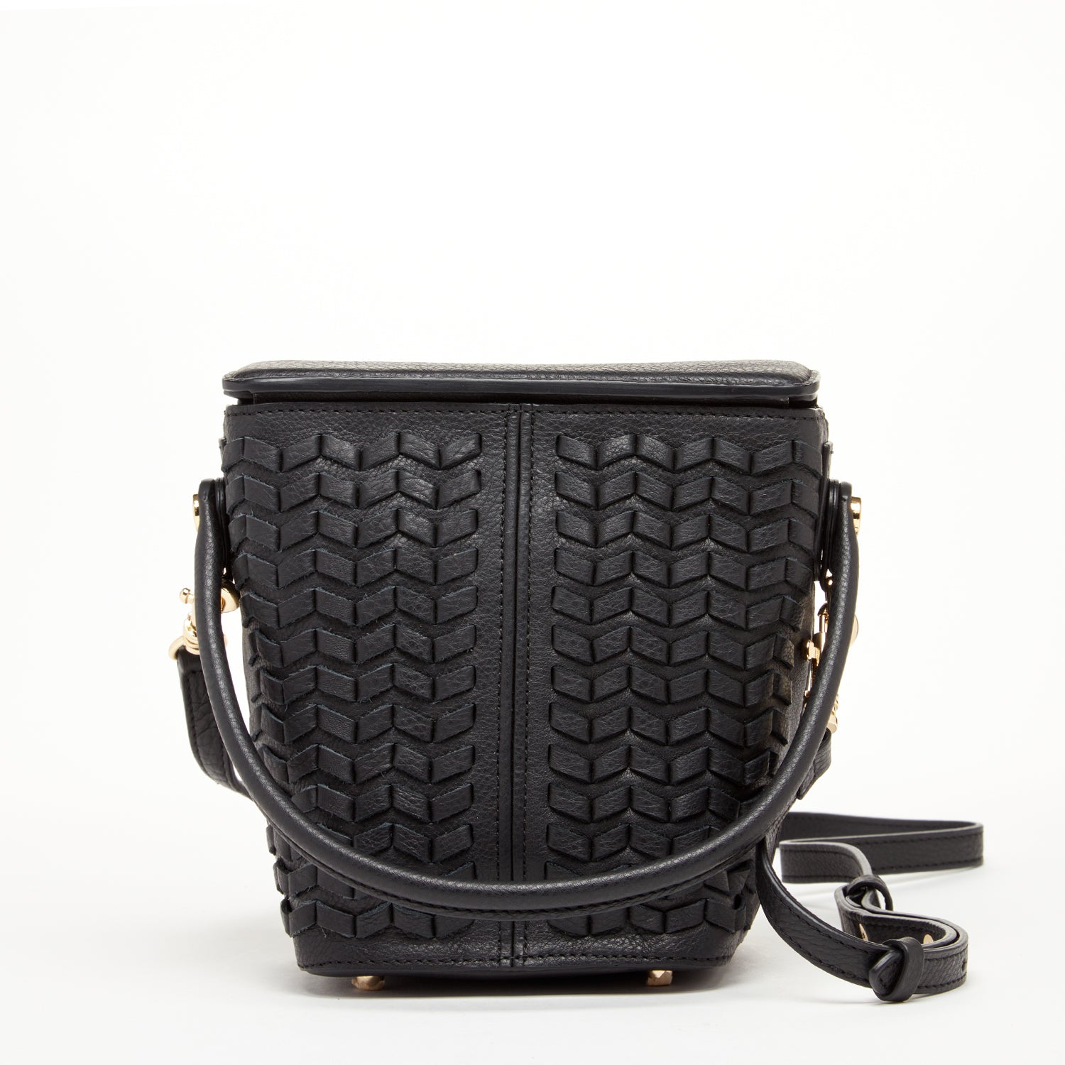 Black Woven Leather Bucket Bag with Crossbody Strap