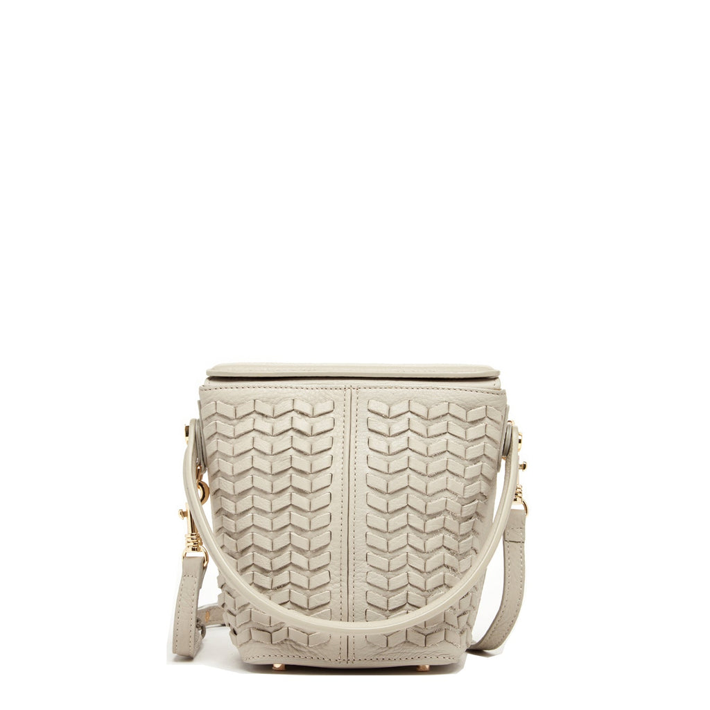 Woven Leather Bucket Bag Quilted Grayish Beige Crossbody Purse