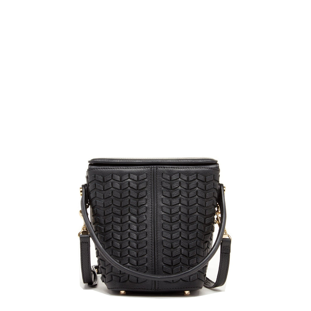 Black Woven Leather Bucket Bag with Crossbody Strap