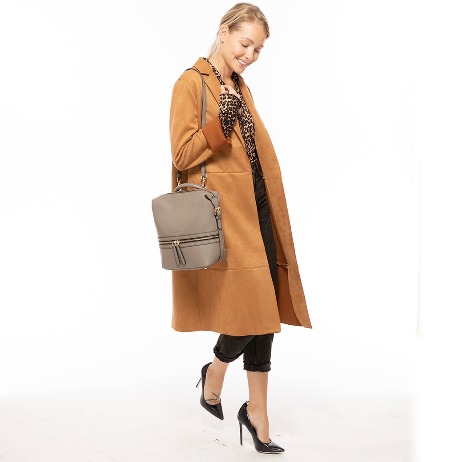 Grey Leather Convertible Backpack Crossbody Bag