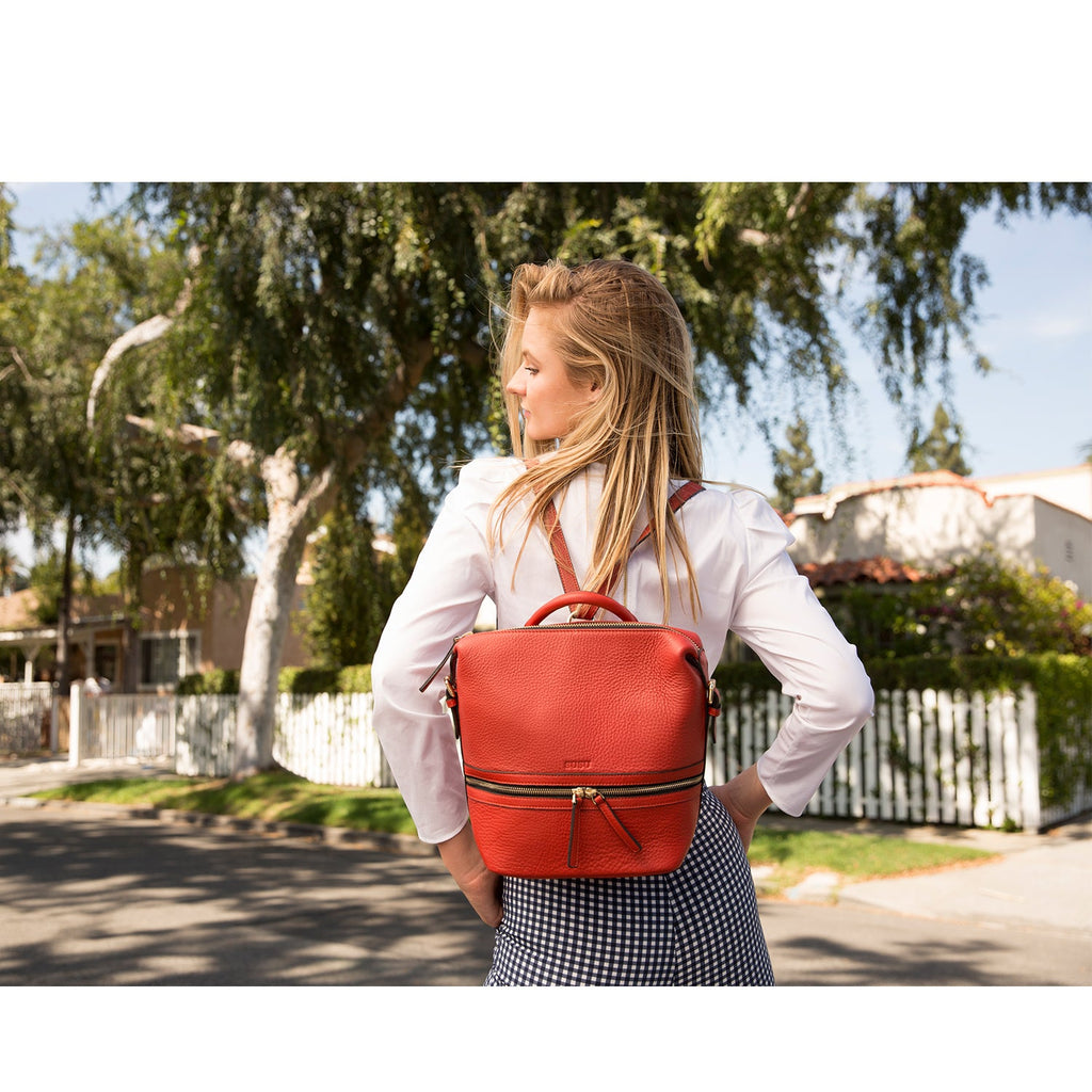 Red Leather Convertible Backpack Crossbody Bag