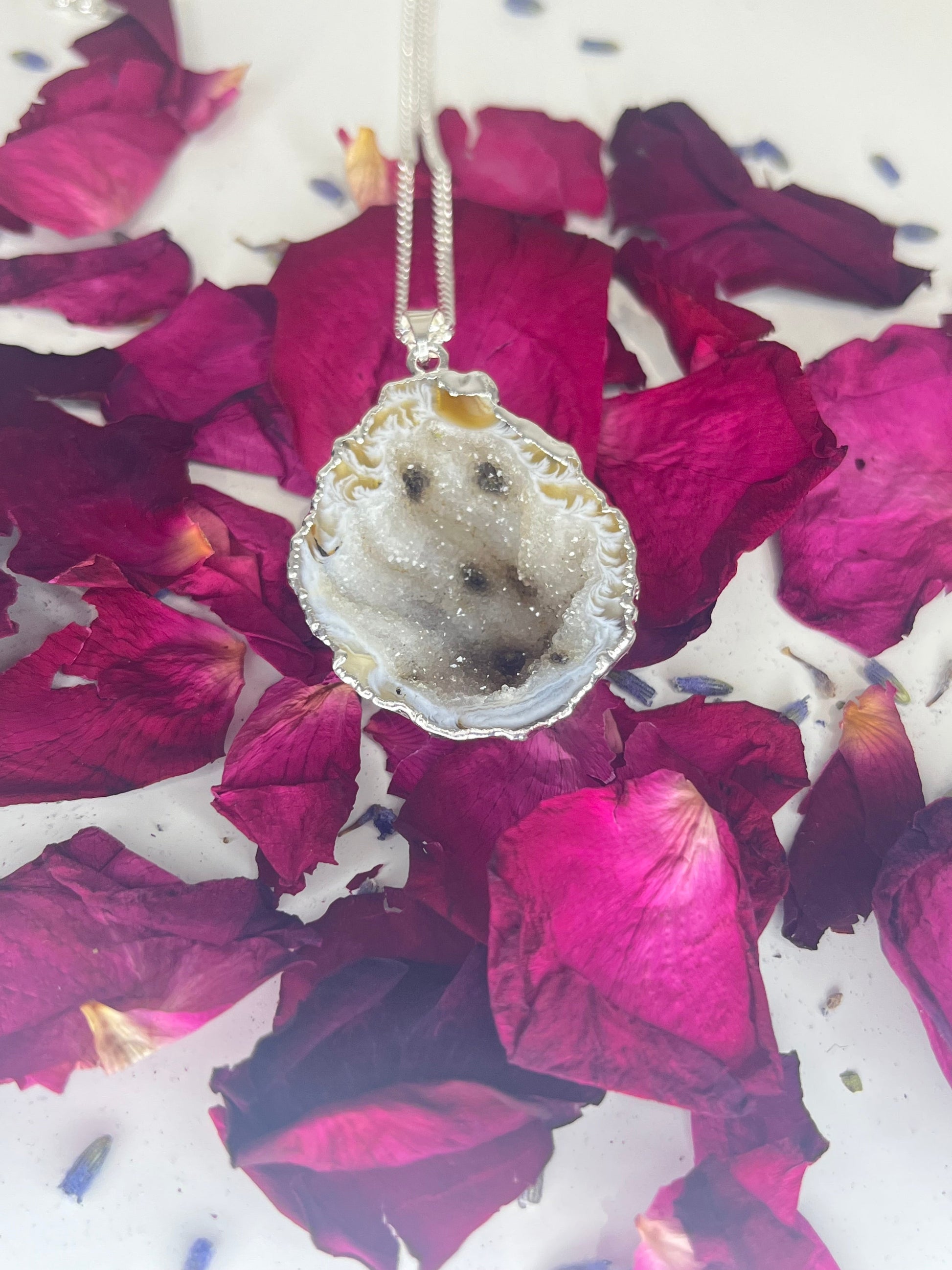 Natural Open Agate Geode Necklace in Silver