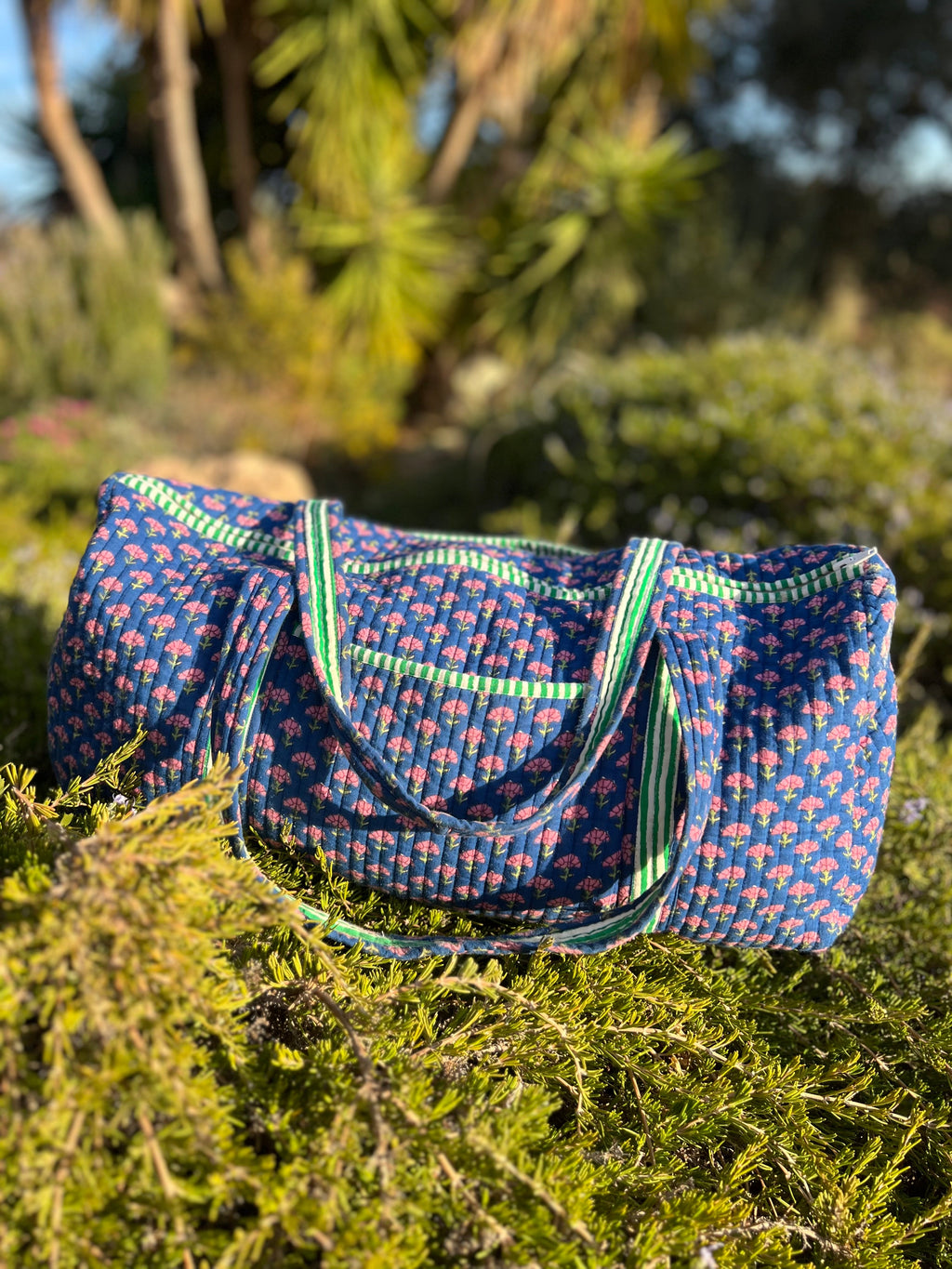 Quilted Block Print Cotton Weekend Duffle Bag