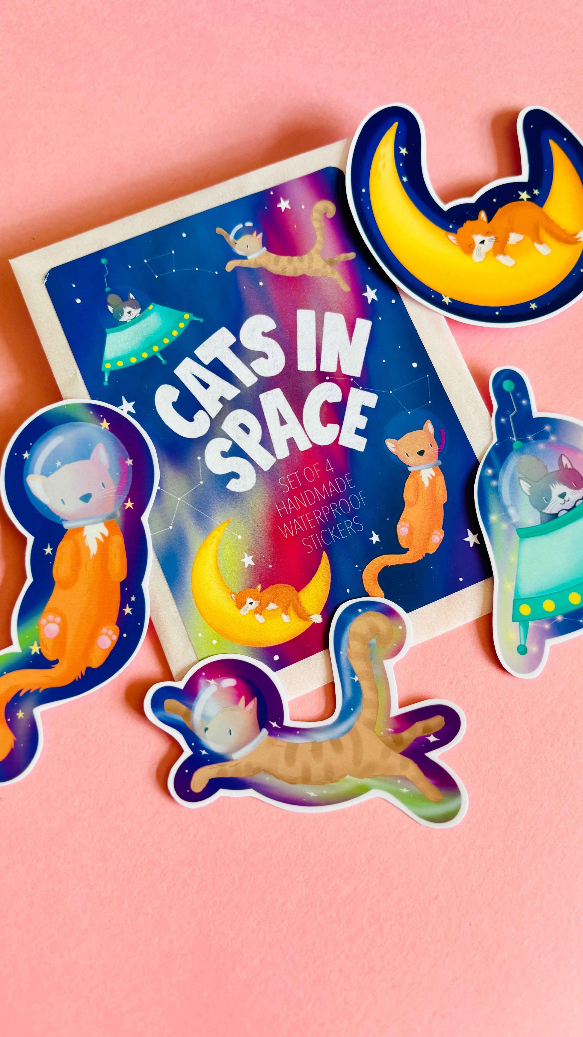 Space Cats Sticker Set- Handmade Set of 4 Waterproof Vinyl Stickers