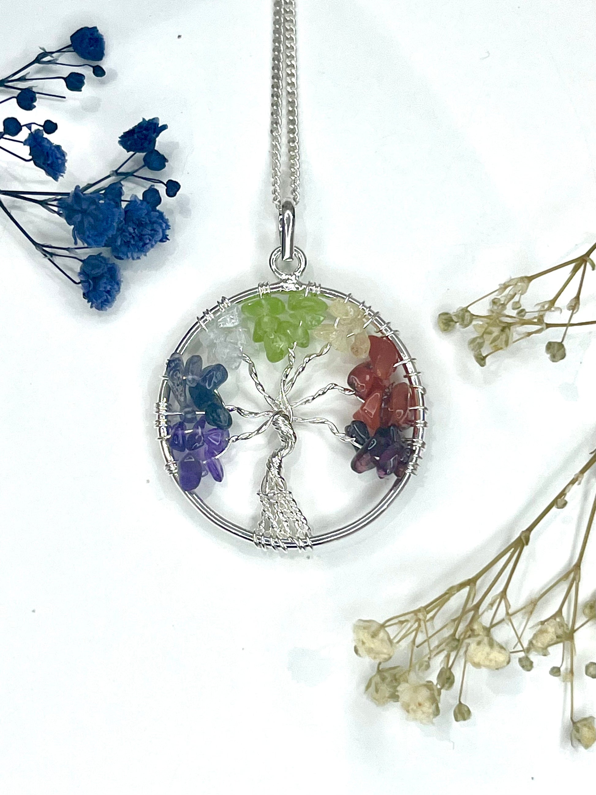 Silver Plated Tree of Life Chakra Necklace with Natural Crystals