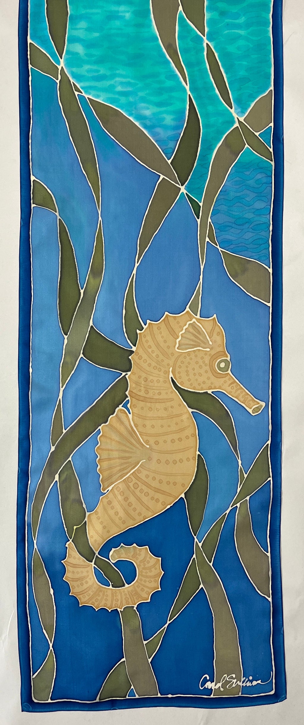 "Seahorse Riding the Kelp” - Hand-dyed Silk Wall Hanging  - $365