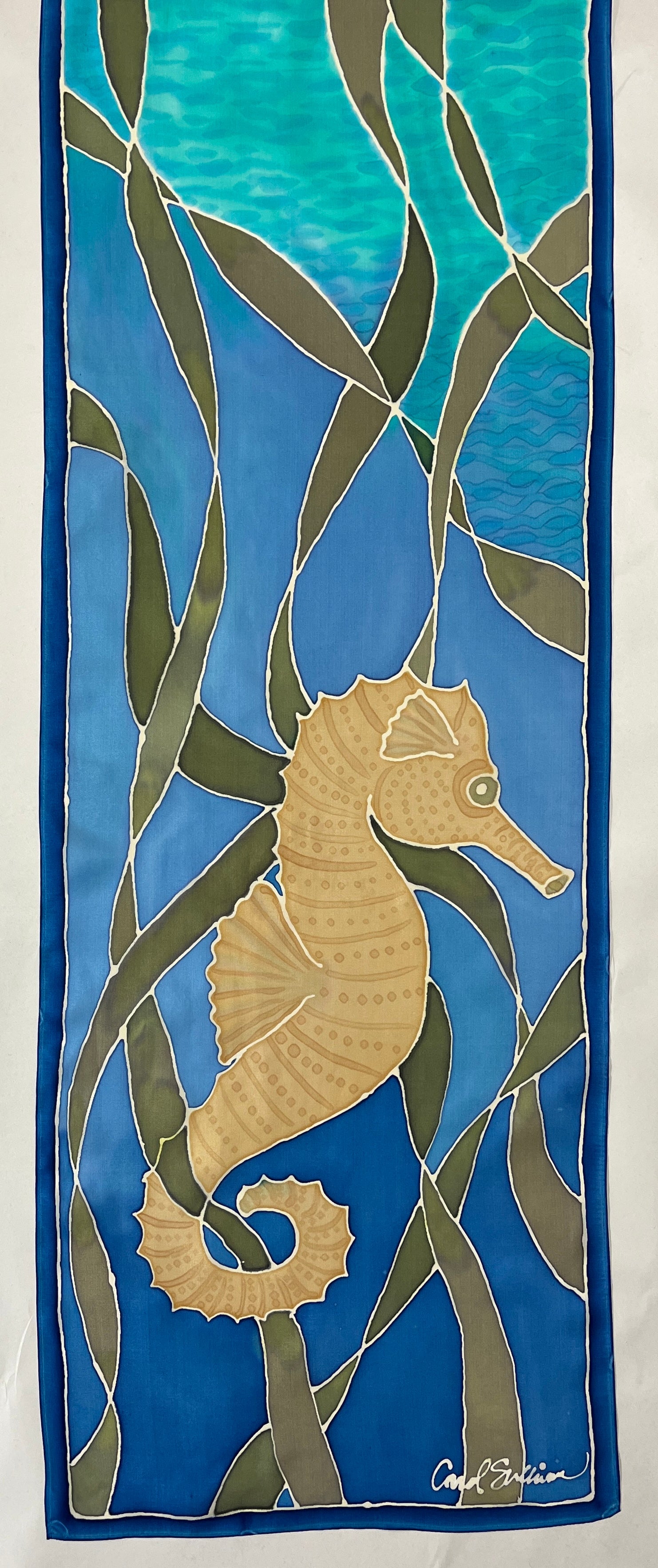 "Seahorse Riding the Kelp” - Hand-dyed Silk Wall Hanging  - $365