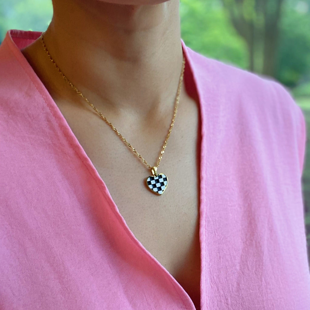 Checkered Heart Necklace in Gold Plated Stainless Steel